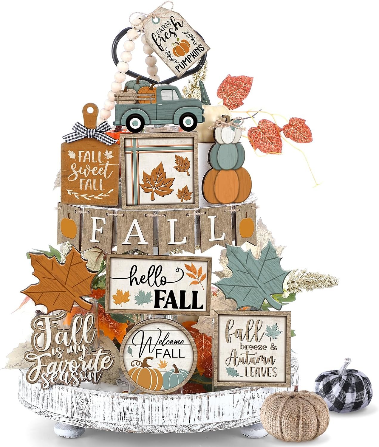 DoubleFill 21 Pcs Fall Tiered Tray Decoration Set Autumn Table Sign Pumpkins Farmhouse Decor Thanksgiving Gnome Maple Leaves Centerpieces Harvest Wood Blocks Signs Fall Block Tabletop