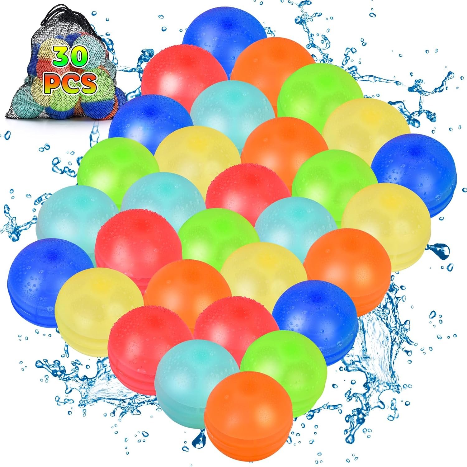 30PCS Reusable Water Balloons, Non-Magnetic Self Sealing Water Bomb for Kids Adults, Refillable Silicone Water Splash Balls, Summer Outdoor Activities Toys for Boys & Girls