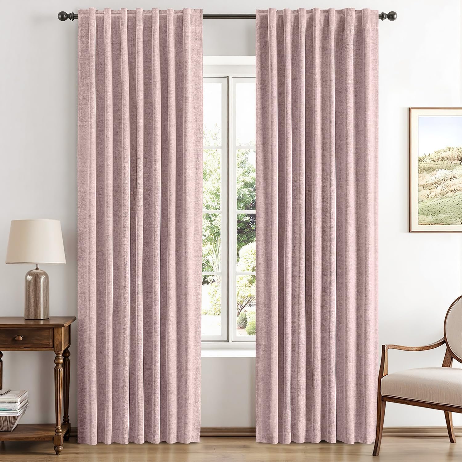 MIULEE 100% Blackout Linen Curtains for Bedroom, Pink Solid Luxury Decor Thermal Insulation Room Darkening Drapes for Living Room Back Tab Rod Pocket 42 x 84 Inches, 2 Panels