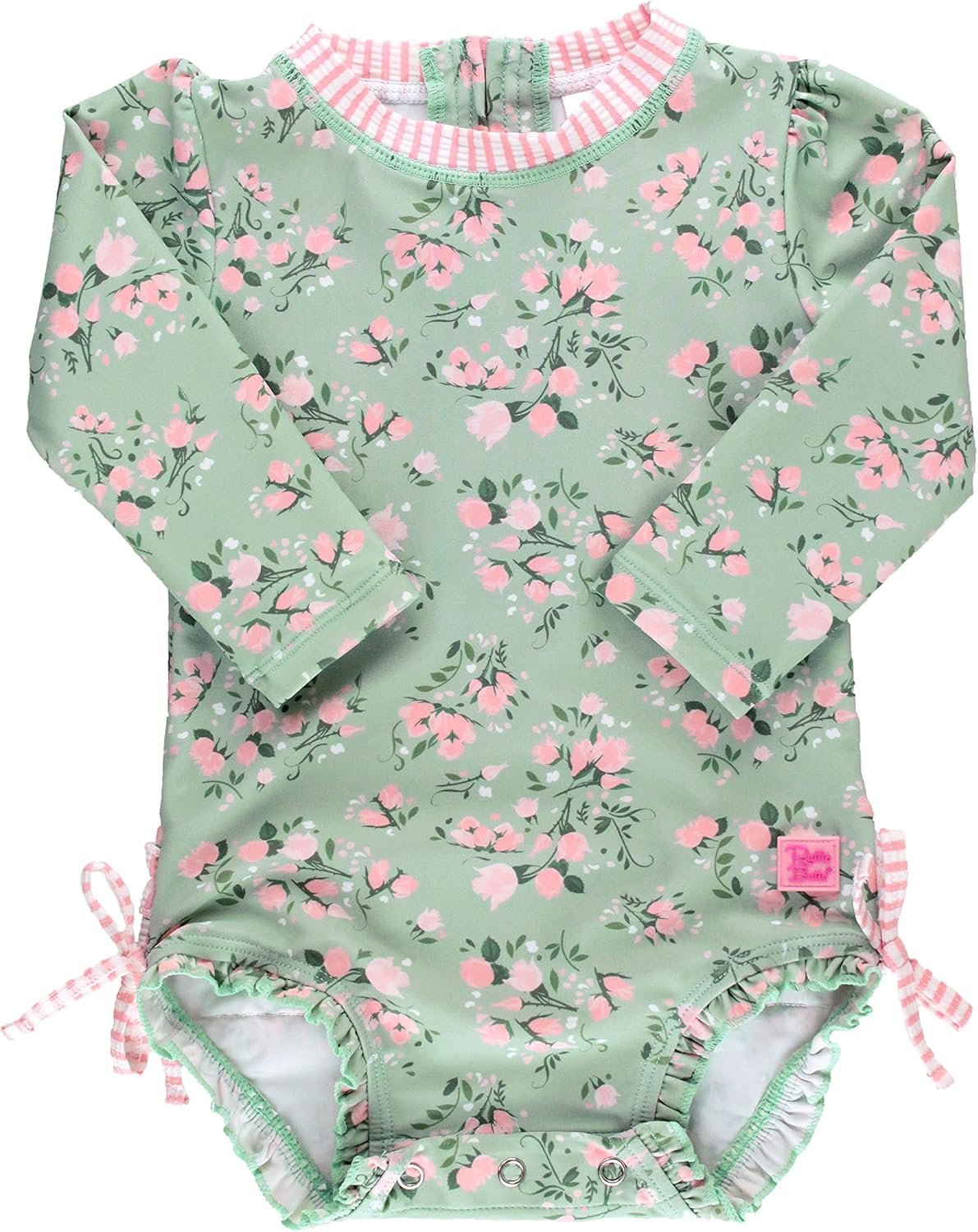 RuffleButts Baby Girls UPF 50+ Sun Protection Floral Printed Long Sleeve One Piece Rash Guard Swimsuit with Zipper