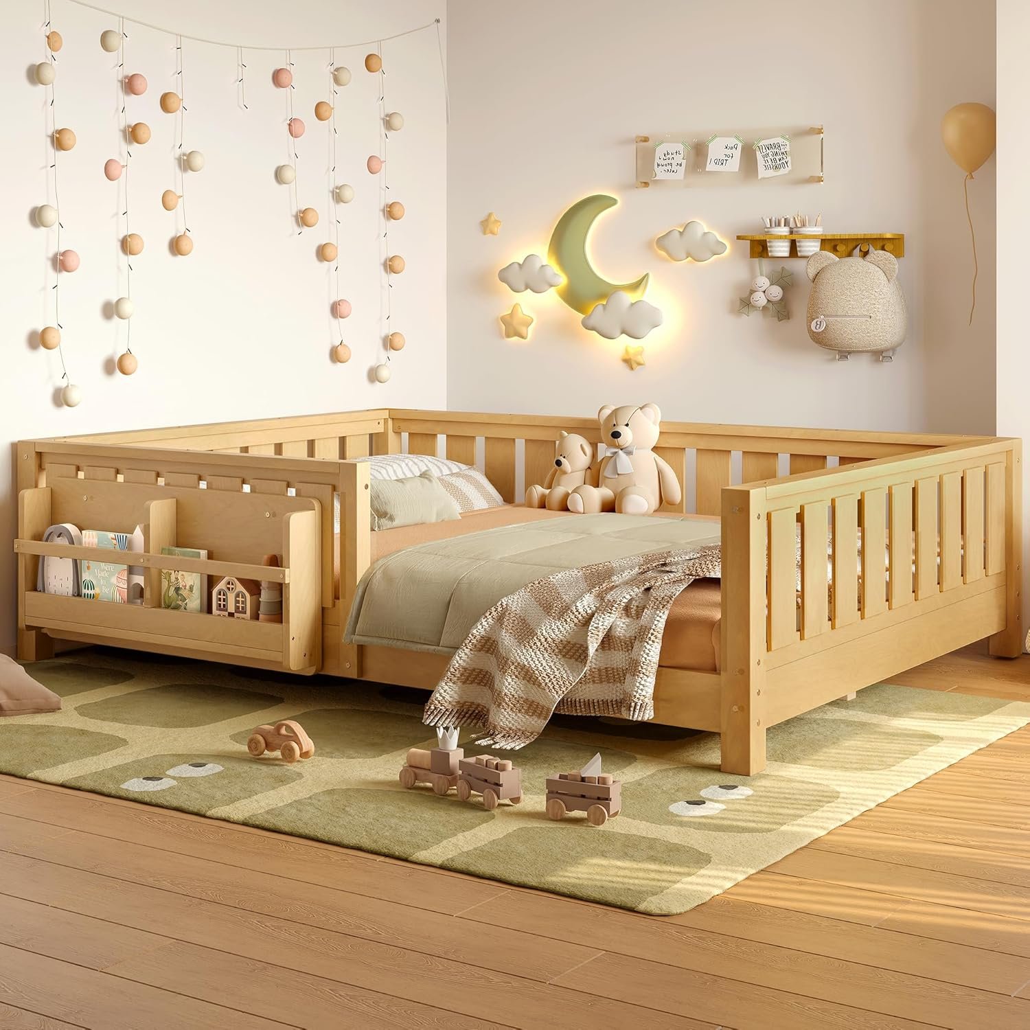 Bellemave Full Size Floor Bed with Slats and Safety Guardrail, Full Size Montessori Floor Bed with Fence and Built-in Bookshelf, Easy Assemble Montessori Beds for Kids, Girls, Boys, Light Natural