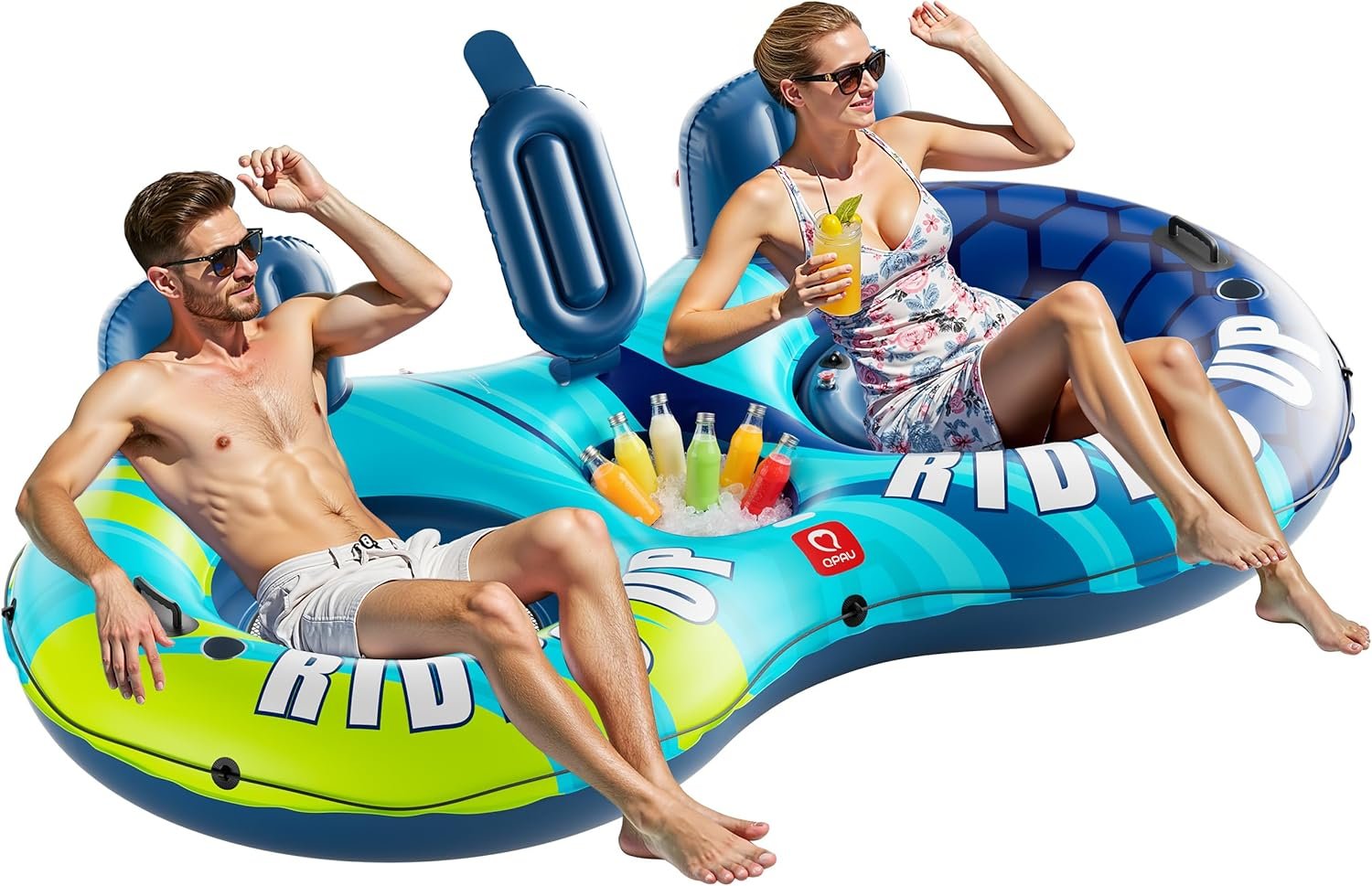 QPAU Inflatable Double River Tube, 2 Person 660lb Capacity, Puncture-Resistant 93″ Sturdy Heavy Duty River Float, River Raft with Ergonomic Backrest, Cooler & Cup Holders for Family