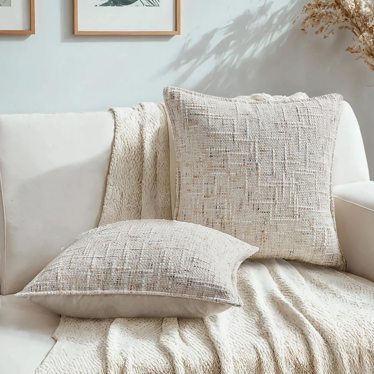 HAUSSY Pack of 2 Pillow Covers 18×18 Inch, Reversible Chenille Decorative Throw Pillows Farmhouse Neutral Cushion Covers Home Decor Soft Pillowcases for Couch Living Room Sofa Bed, Cream(Covers Only)