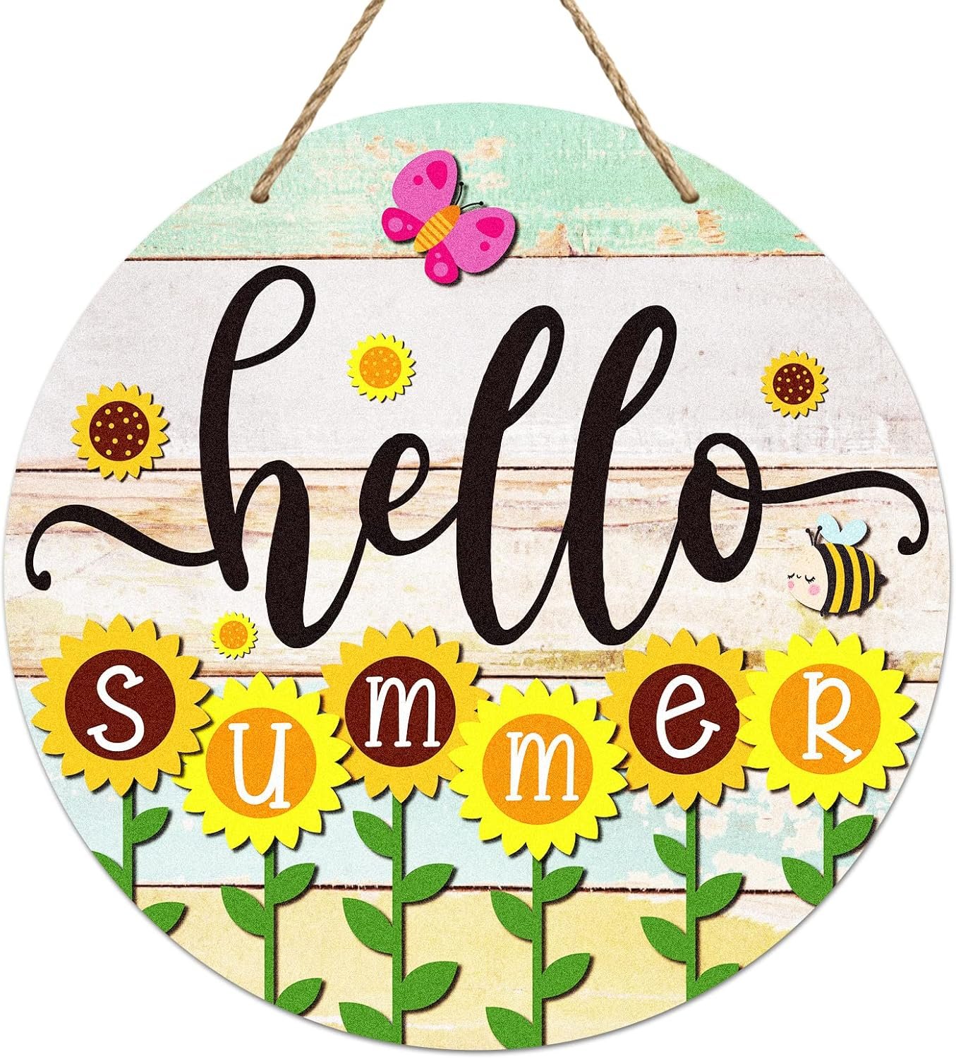 PETCEE Hello Summer Door Sign – 11.5″Farmhouse Sunflower Front Door Decor Welcome Hanger Wreaths for Home Office Summer Hanging Sign Wall Decorations Reusable Seasonal Sign for Kitchen Classroom Porch