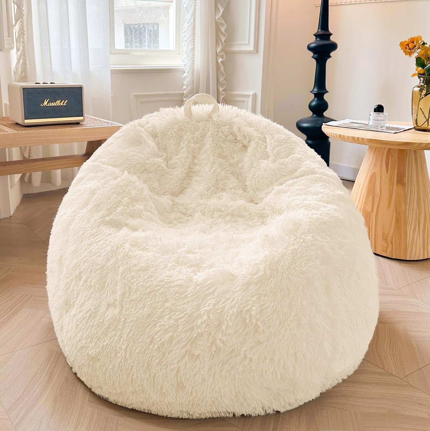 XeGe Fluffy Stuffed Animal Storage Bean Bag Chair Cover(No Filler), Washable Soft Bean Bag Cover for Plush Toys or Textile, Plush Shaggy Large Bean Bag for Adults Kids Teens, Beige