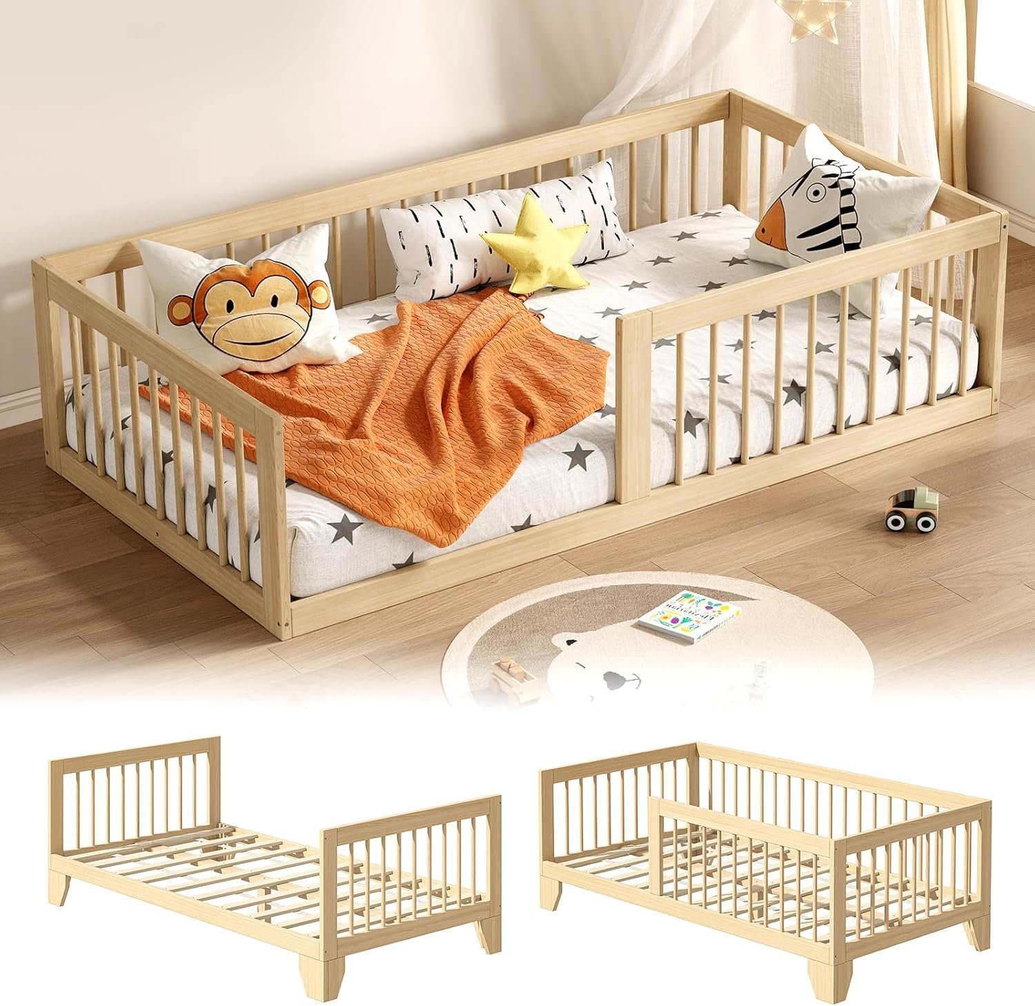 EXPERLAM Montessori Toddler Bed, Variable Twin Floor Bed Frame with Removable Guardrails and Legs, Low Wooden Kids Bed with 10 Slats and Supporting keel, Crib-to-Bed Transition for Bedroom or Nursery
