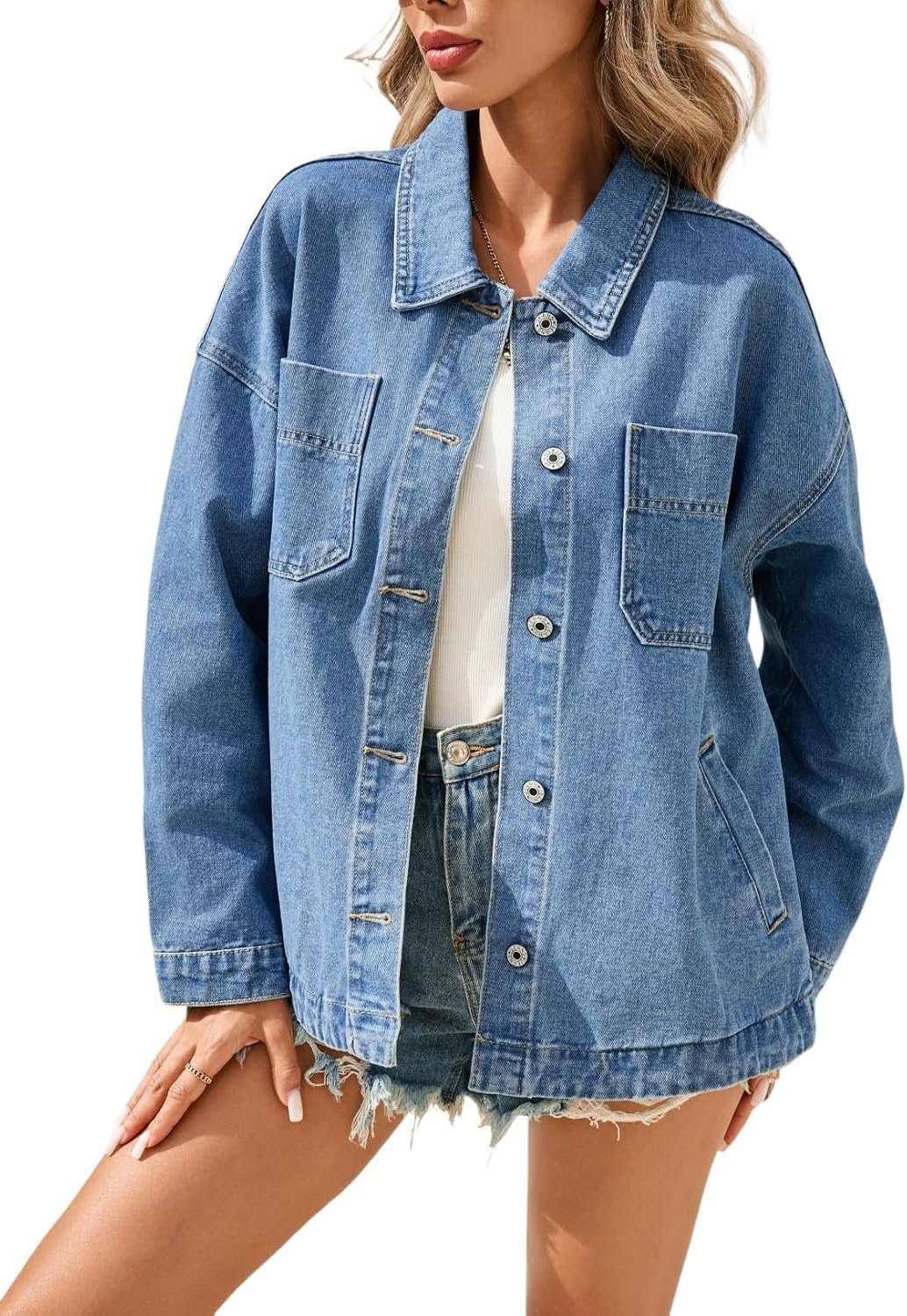LifeShe Denim Jacket for Women Button Down Jean Jacket Oversized Shacket with Pockets