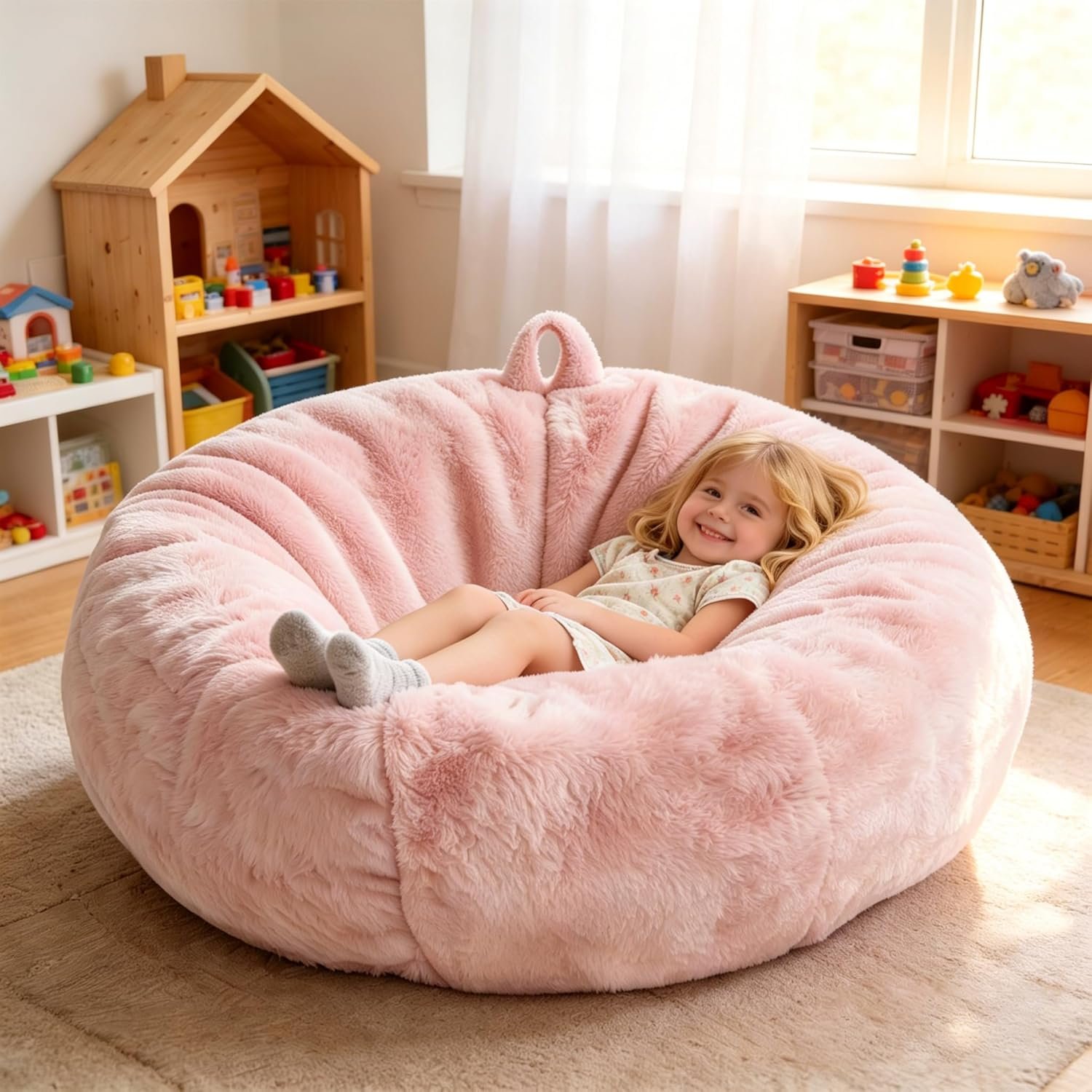 Faux Fur Comfy Bean Bag Chair Cover (No Filler), Fluffy Stuffed Animal Storage Kids Bean Bag Chair For Kids Furry Fuzzy Bean Bag for Living Room Bedroom, Pink M For Kids