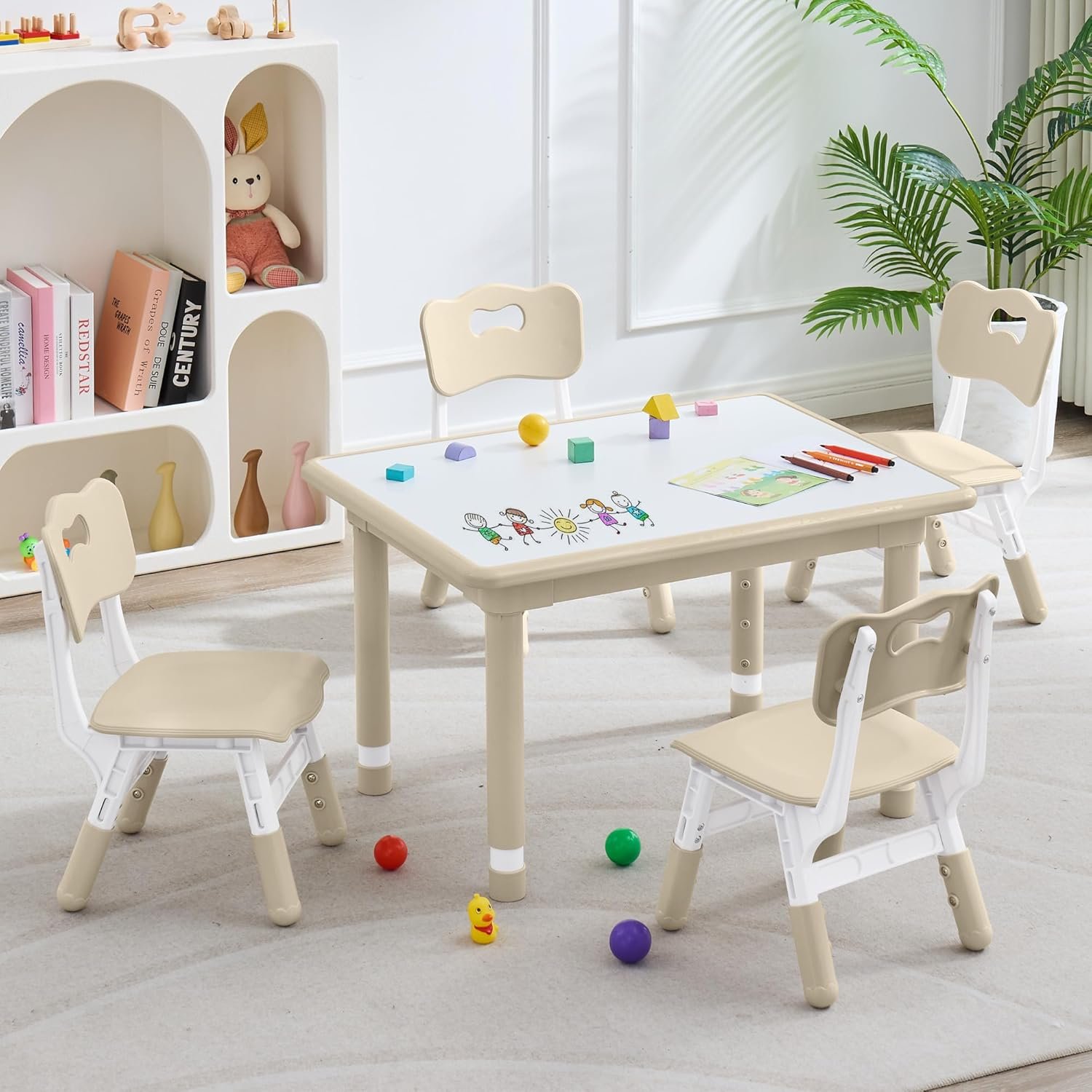 DOREROOM Kids Table and 4 Chairs Set, Height Adjustable (17.7″-26.1″) Toddler Table and Chair Set, Multi-Activity Table with Graffiti Desktop, Children’s Table and Chairs for Classroom, Home & Daycare