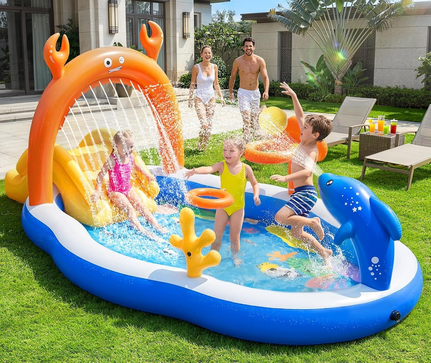 2026 Large Inflatable Play Center,Toddler Pool with Water Slide&Sprinkler,120″x70″x50″Inflatable Kiddie Pool with Slide,Backyard Kids Water Slide,Blow-Up Splash Pad for Toddlers