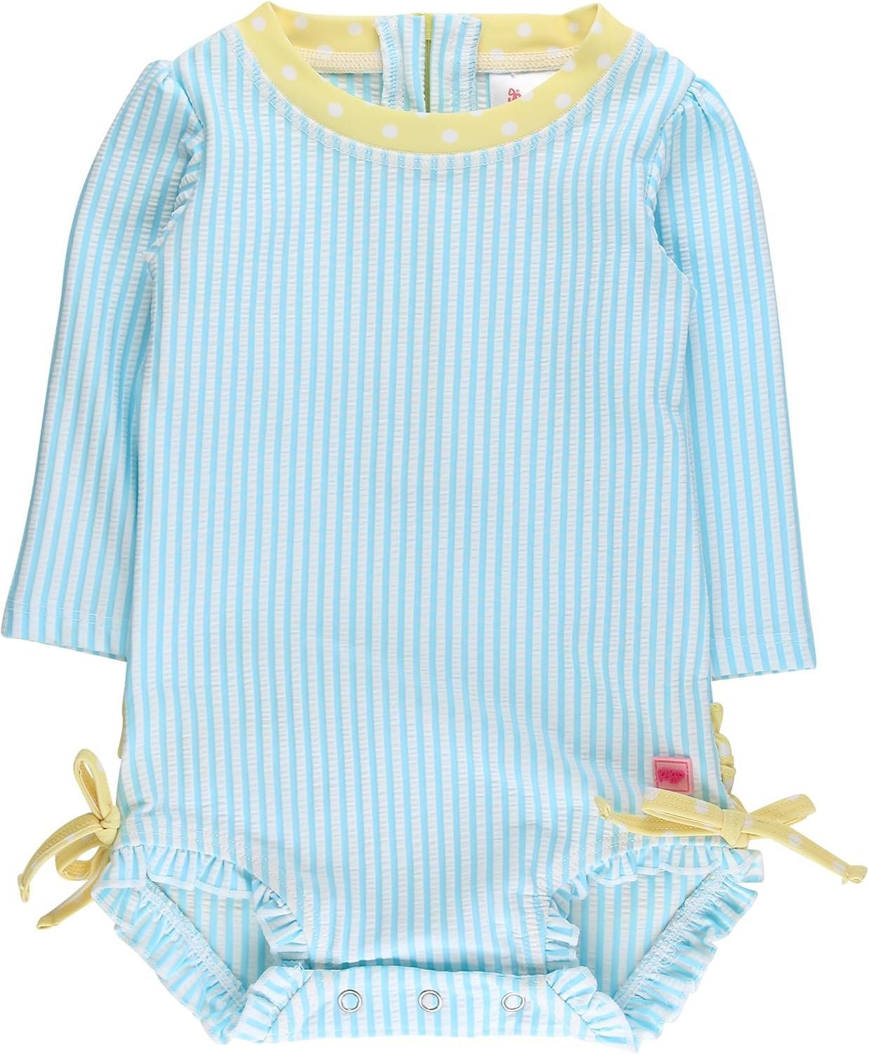 RuffleButts Baby-Girls Seersucker Long Sleeve Rash Guard – One Piece Swimsuit UPF 50+ Toddler