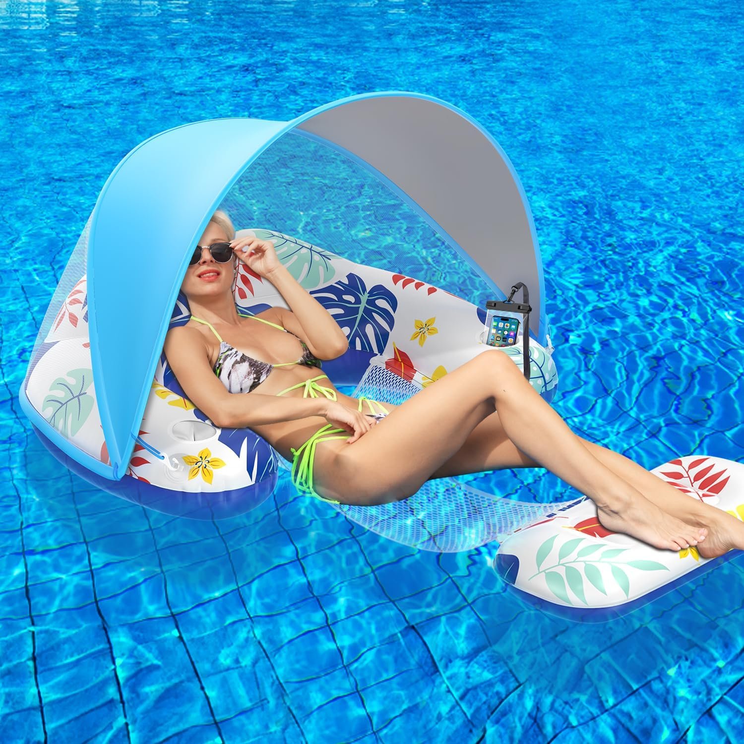 LAYCOL Pool Floats Adult with Adjustable Canopy, Inflatable Pool Float Chair with Cup and Drink Holder, Perfect for Swimming Pool Beach Lake Party, Leisure Pool Toys for Beach Essentials, Gift