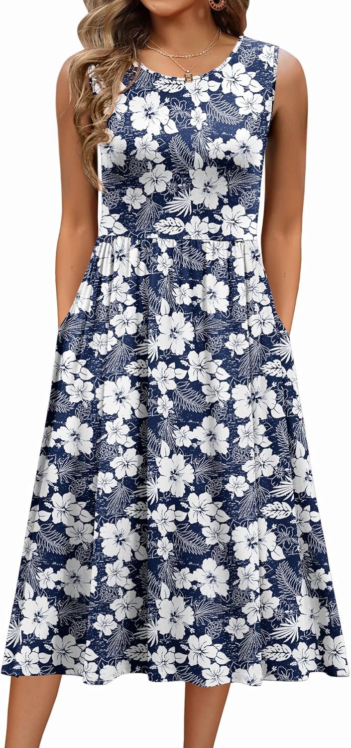 Zeagoo Women’s Summer Tank Midi Dress with Pockets Floral Sleeveless A-Line Casual Loose T-Shirt Dresses Beach Sundress 2026