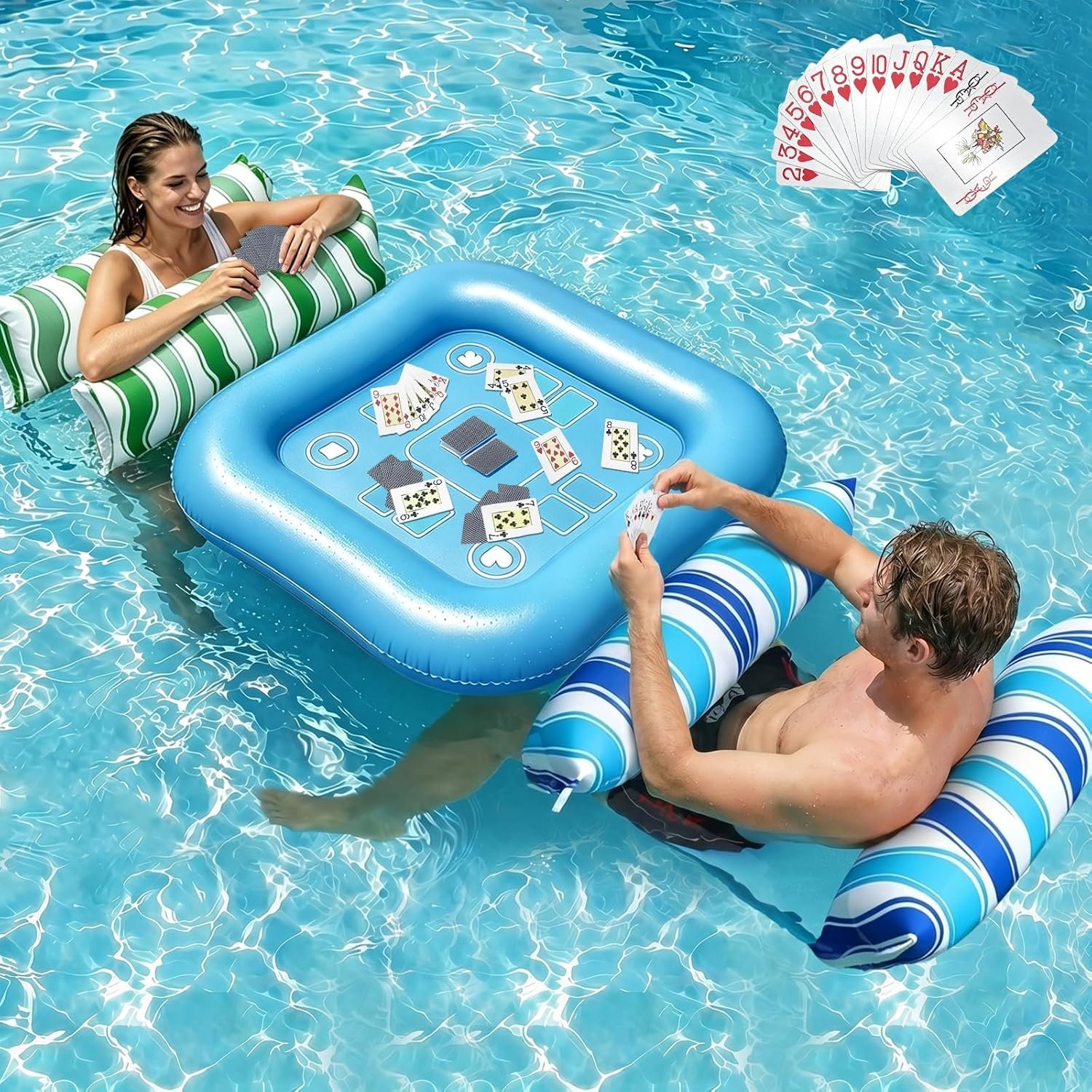 Jasonwell Pool Floats Adult Games – 2 Pack Fabric Inflatable Pool Floaties Water Hammock Chair w Floating Table Waterproof Playing Cards Party Game Toys Lake Lounger Raft Pool Hammock Float Floaty
