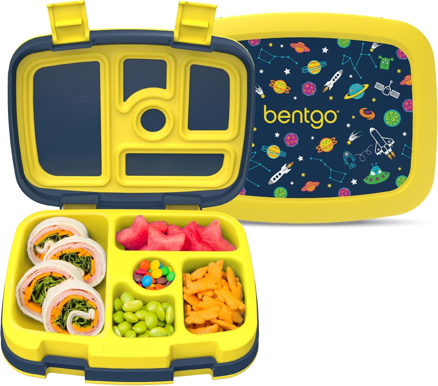 Bentgo Kids Prints Leak-Proof, 5-Compartment Bento-Style Kids Lunch Box – Ideal Portion Sizes for Ages 3-7, Durable, Drop-Proof, Dishwasher Safe, & PFAS & BPA-Free Materials (Space)