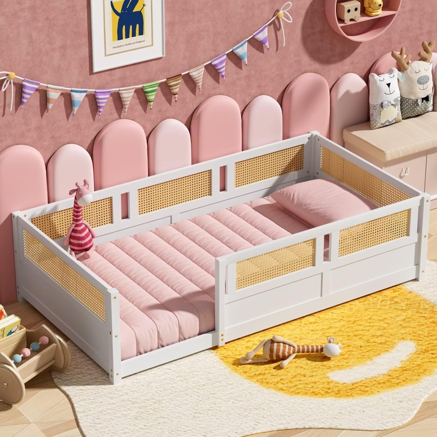 LLS Twin Size Floor Bed with PE Rattan High Fence, Wood Montessori Bed Frame with Slats for Children Girls Boys, White