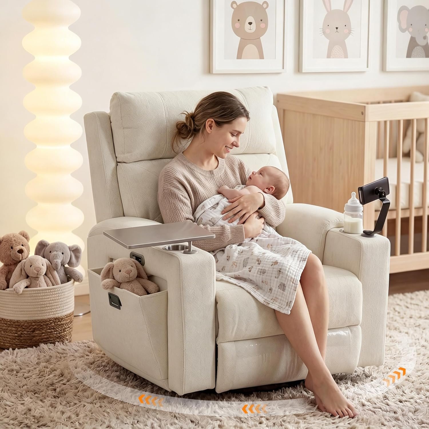 Power Swivel Glider Recliner w/ Adjustable Headrest & Lumbar, Electric Nursery Rocking Chairs with Side Storage Space, USB Port, Phone Stand, Stry Table, Cup Holder for Nursery & Home, Beige Fabric
