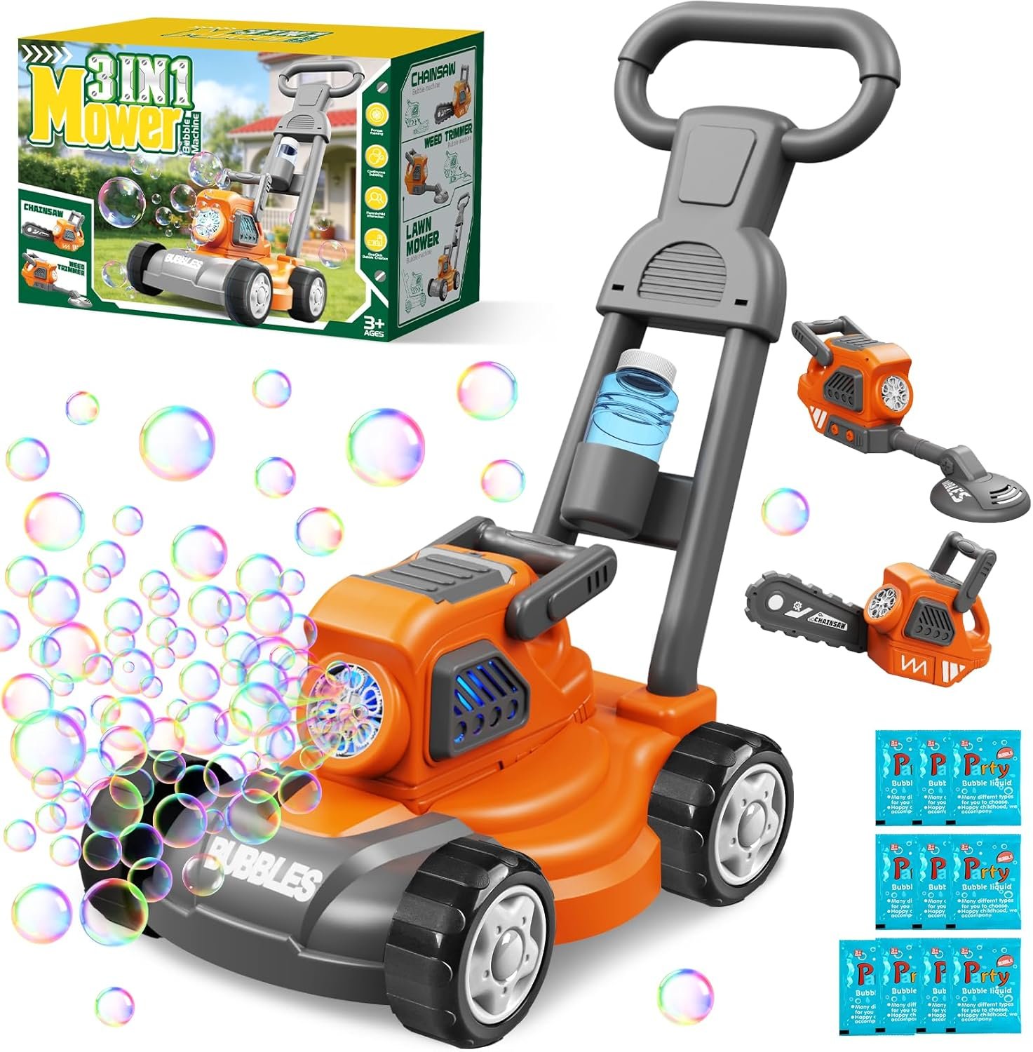 Bubble Lawn Mower for Kids, 3-in-1 Bubble Machine Blower with 10 Bubble Solution, Outdoor Push Toys for Toddlers Ages 3-8, Birthday Easter Summer Gift for Boys Girls 3 4 5 6 7 8 Year Old