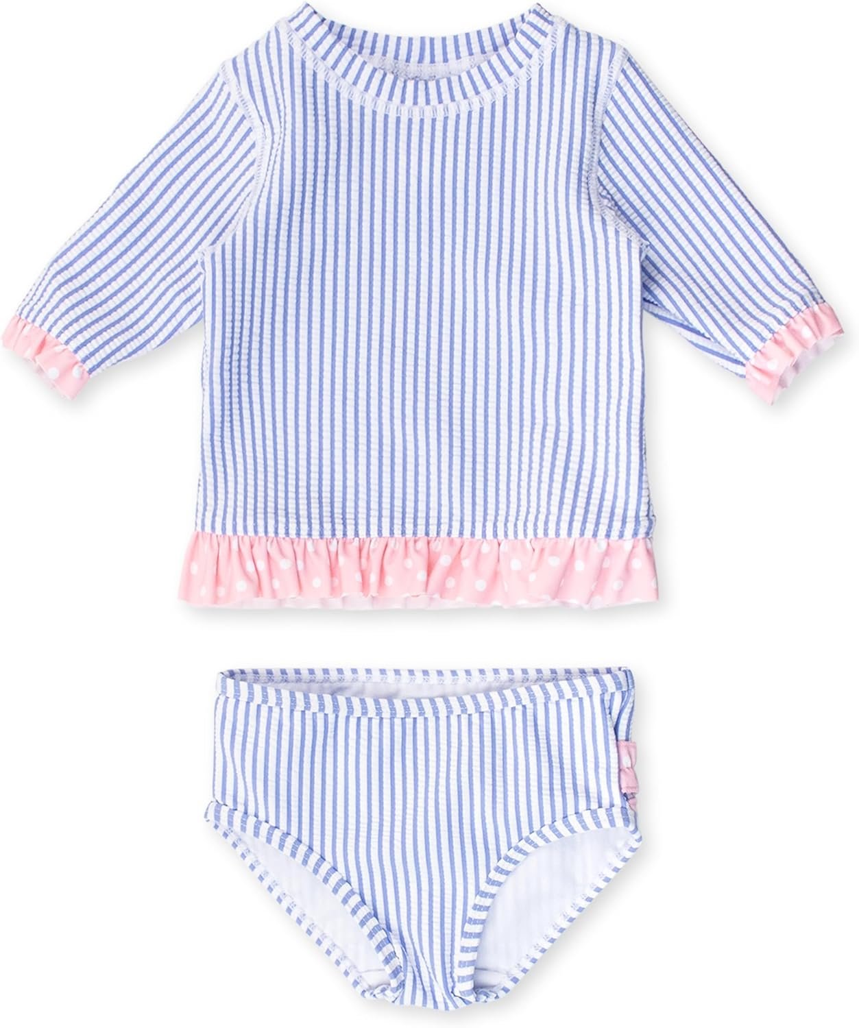 RuffleButts Baby/Toddler Girls UPF50+ Sun Protection Seersucker Short Sleeve Ruffle Rash Guard Bikini