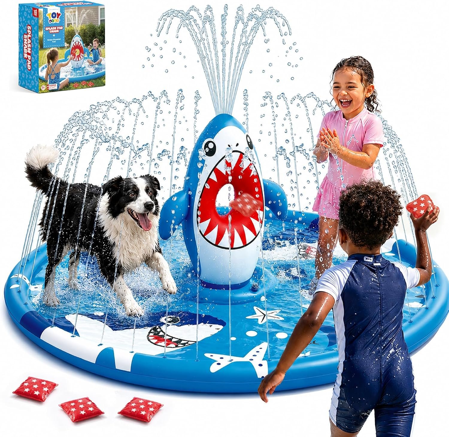 TOY Life Shark Splash Pad for Kids and Dogs – Extra Large 70 Inch Outdoor Sprinkler Pool for Toddlers Ages 1-3, Heavy Duty Non Slip Water Play Mat for Backyard Summer Fun