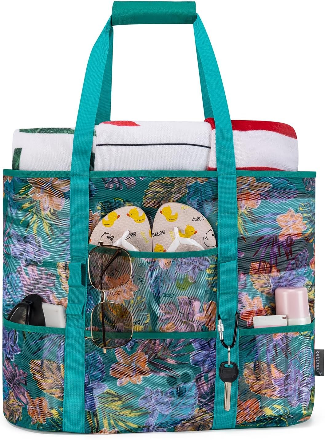 KABAQOO Mesh Beach Bag, Extra Large Beach Bags with 9 Pockets & Zipper Waterproof Lightweight Beach Tote for Beach/Pool Trip