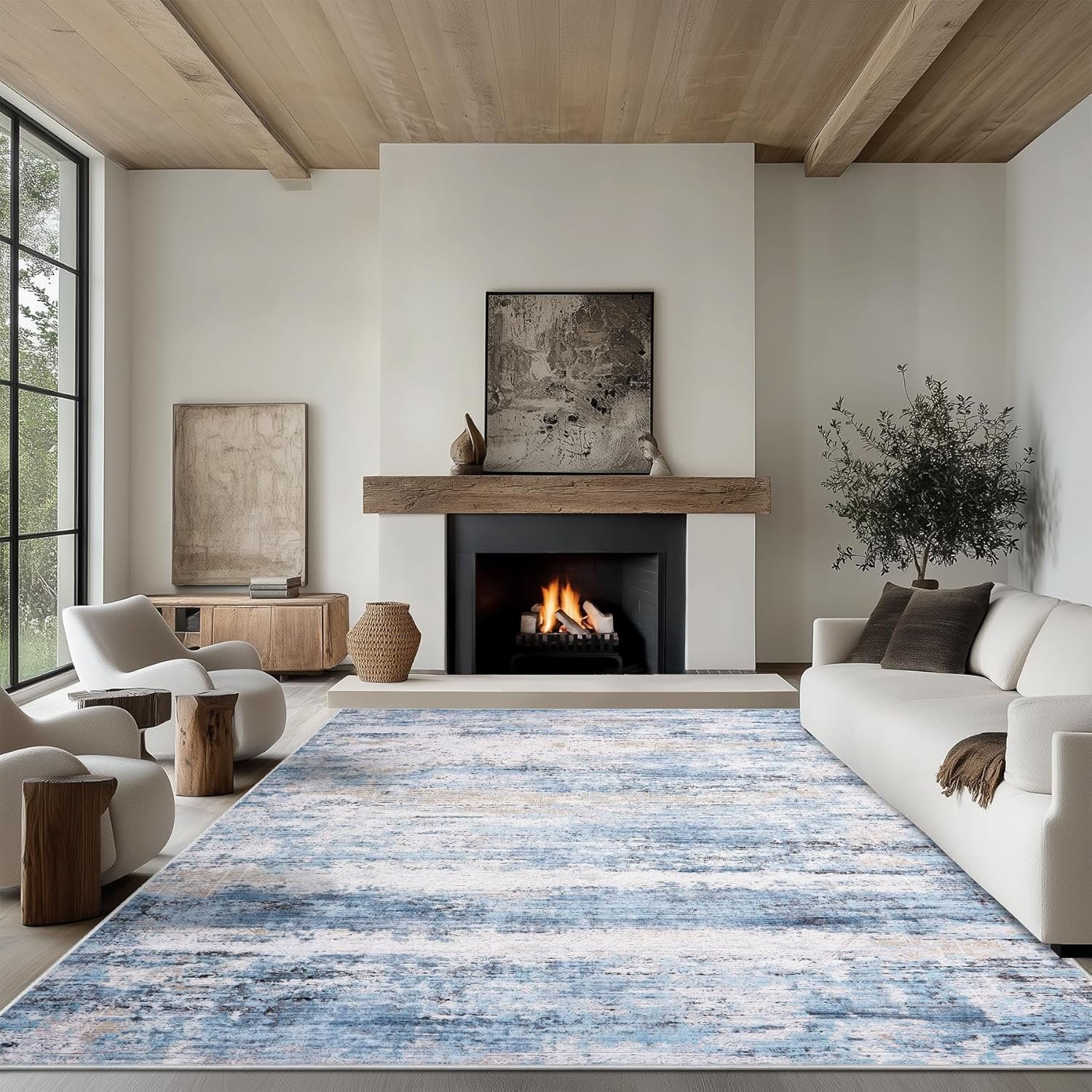 6×9 Area Rug Living Room Rugs – Washable Rug Large Modern Abstract Soft Thin Carpets Indoor Floor No Slip Vintage Carpet for Bedroom Under Dining Table Nursery Home Office Decor Blue