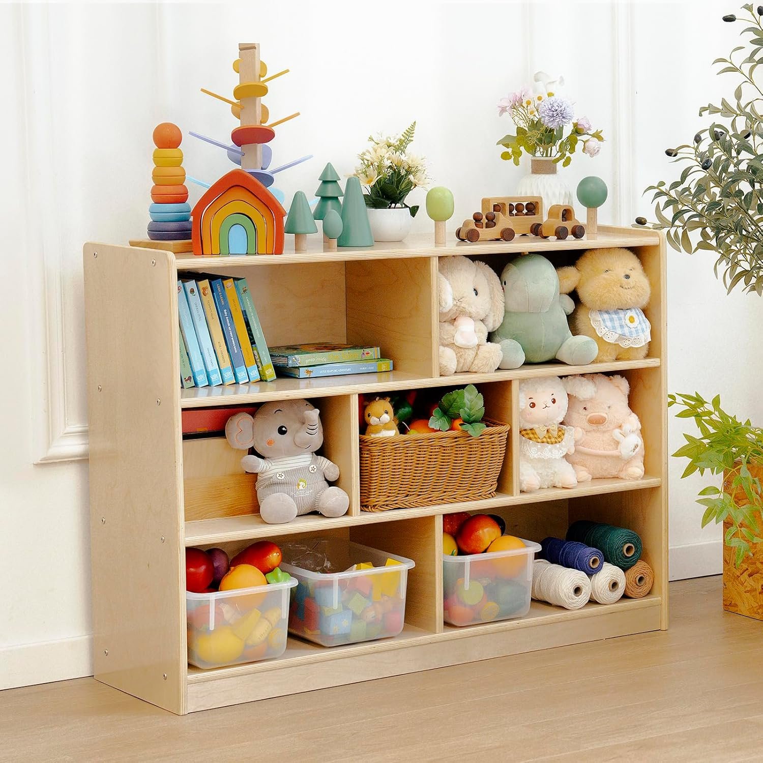 Kids Bookshelf and Toy Storage Shelf, Wooden Montessori Bookshelf, 3-Tier Toy Shelves with 7 Cubby, Classroom Furniture, Birch Children Bookcase, Book Shelf for Kids Room, Nursery, Playroom
