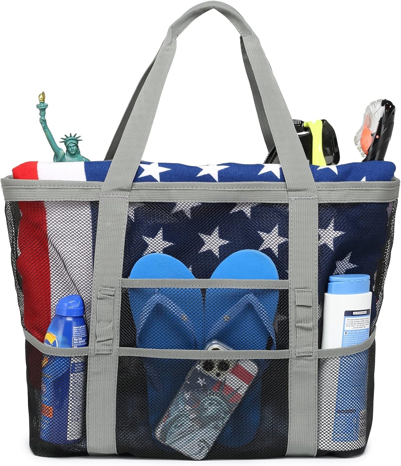 F-color Mesh Beach Bag Family – Large Tote Bag 9 Pockets for Swim Pool Toys Cruise Beach Vacation Essentials