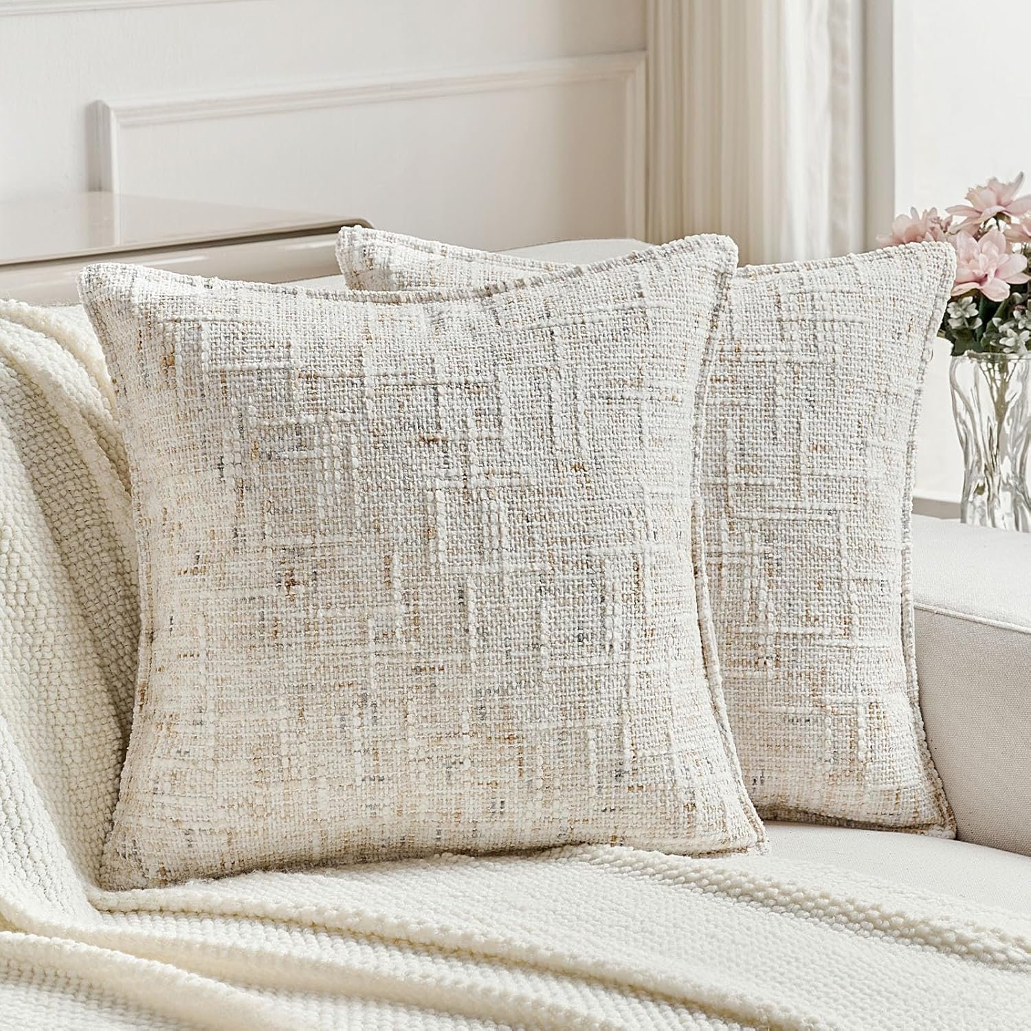 FUTEI Pack of 2 Chenille Tweed Vintage Throw Pillow Covers 18×18 Inch Soft Decorative Cushion Case Modern Farmhouse Accent for Couch Bed Living Room, Cream