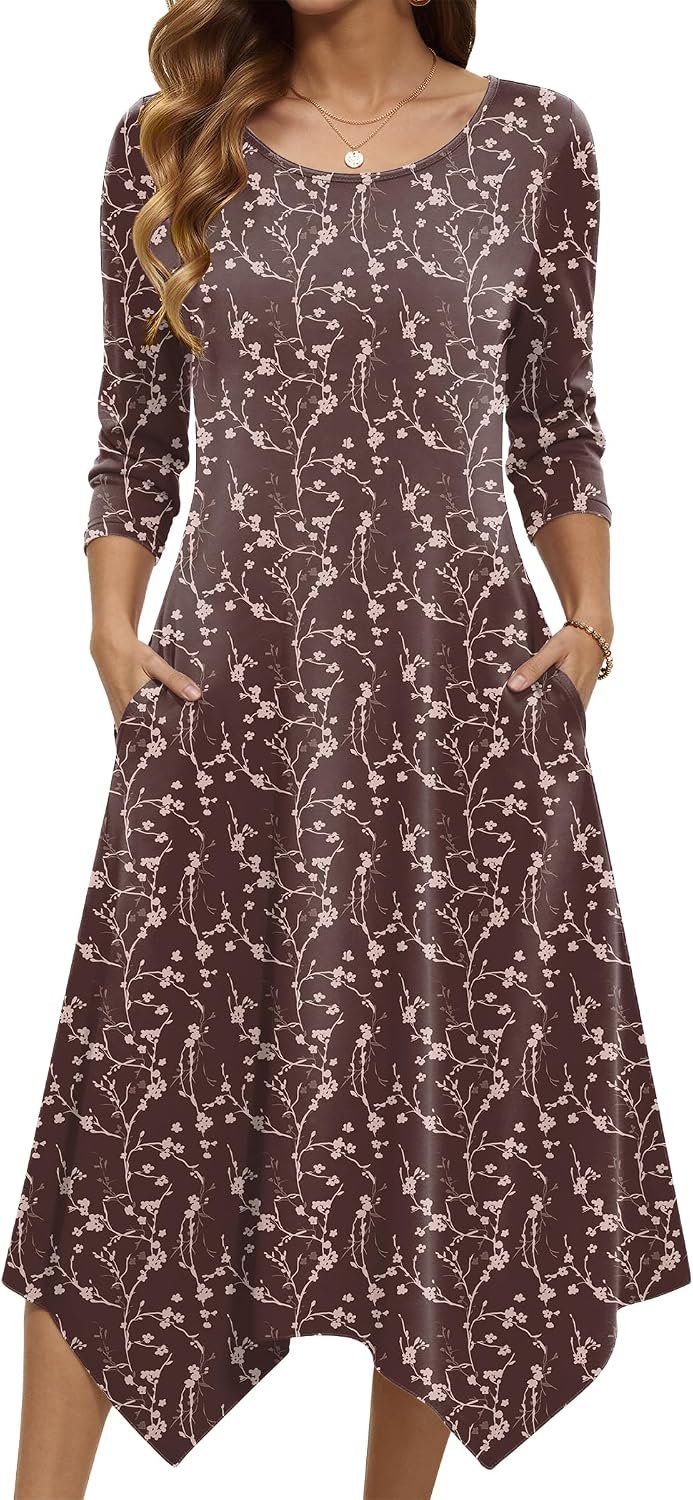 Zeagoo Midi Dresses Women 2026 Dress 3/4 Sleeve Casual Dresses with Pockets A Line Summer Beach Sundress