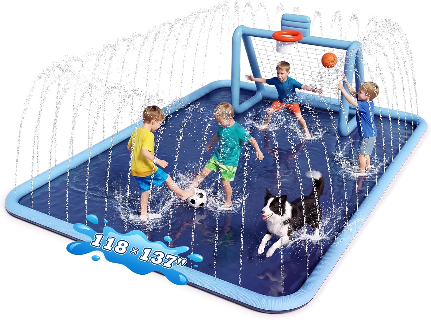 Splash Pad for Kids, 3-in-1 Sprinkler Splash Pad with Soccer Goal & Basketball Hoop, 118″x137″ Extra Large Non-Slip Water Play Mat, Outdoor Water Toys for Kids, Backyard Summer Fun