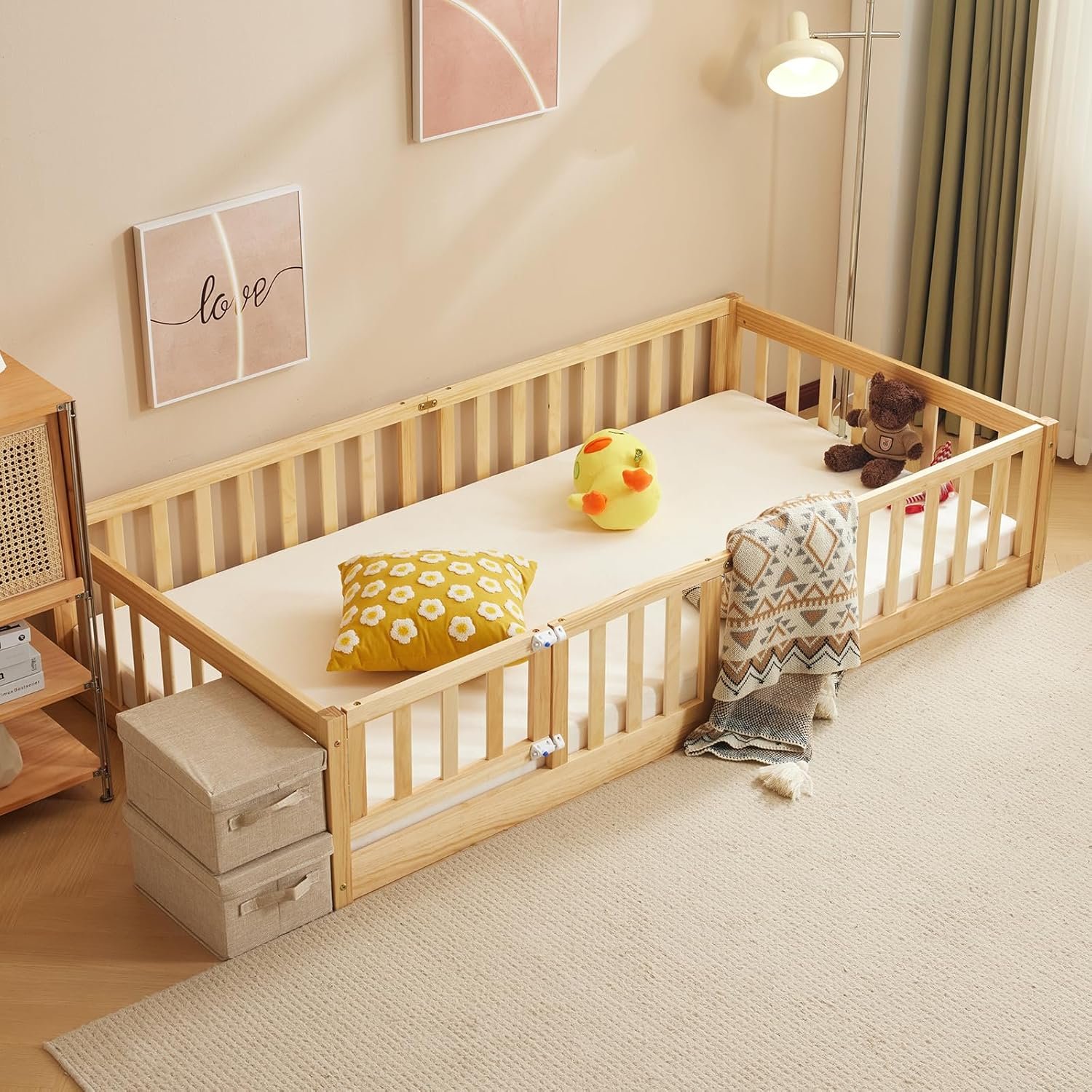 Karl home Toddler Floor Bed with Door and Fence for Kids, Montessori Bed with 12 Slats and Safety Guardrails,Kids Bed Solid Wood Twin Bed Frame for Girls, Boys (Natural)