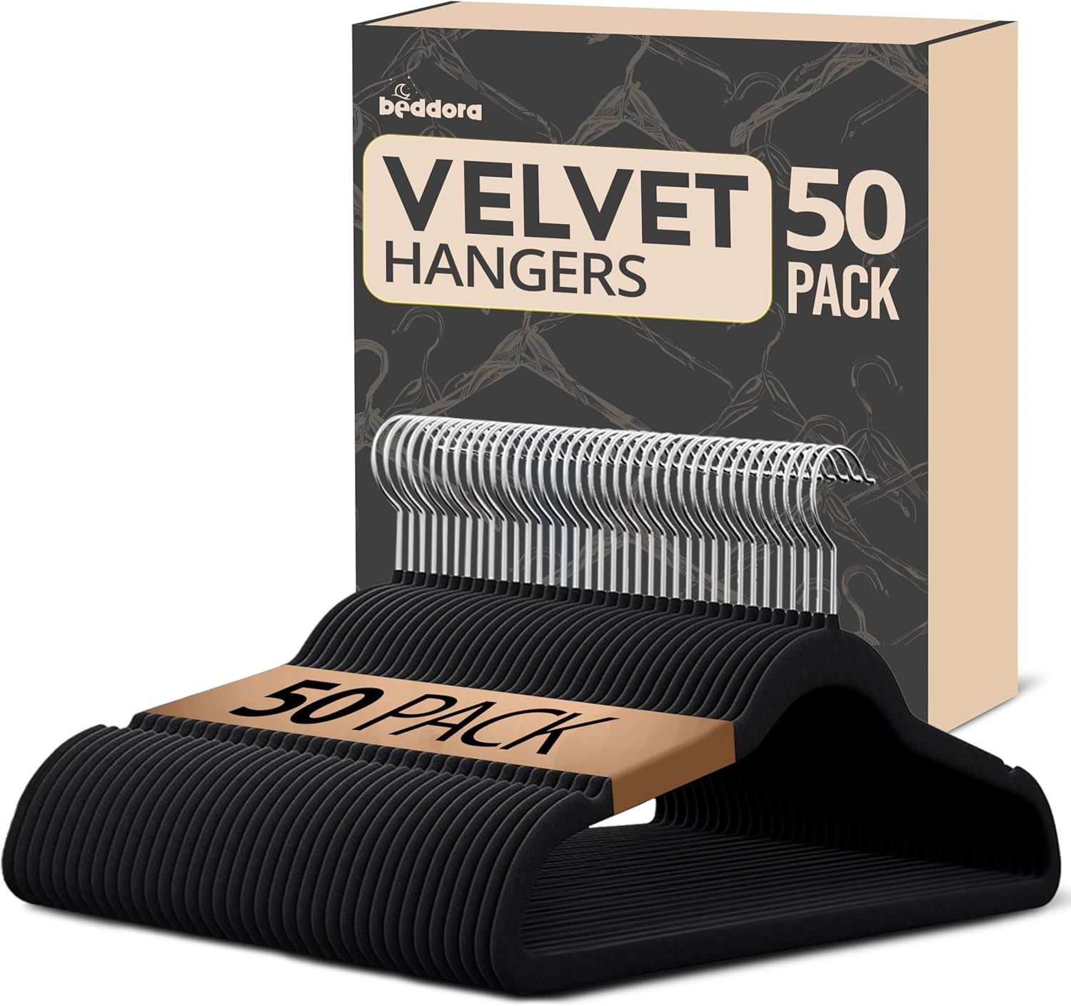 Beddora Velvet Hangers 50-Pack,Black Non-Slip Slim Space-Saving Closet Organizer, Suit & Coat Hangers, Heavy-Duty, 360° Swivel Hook