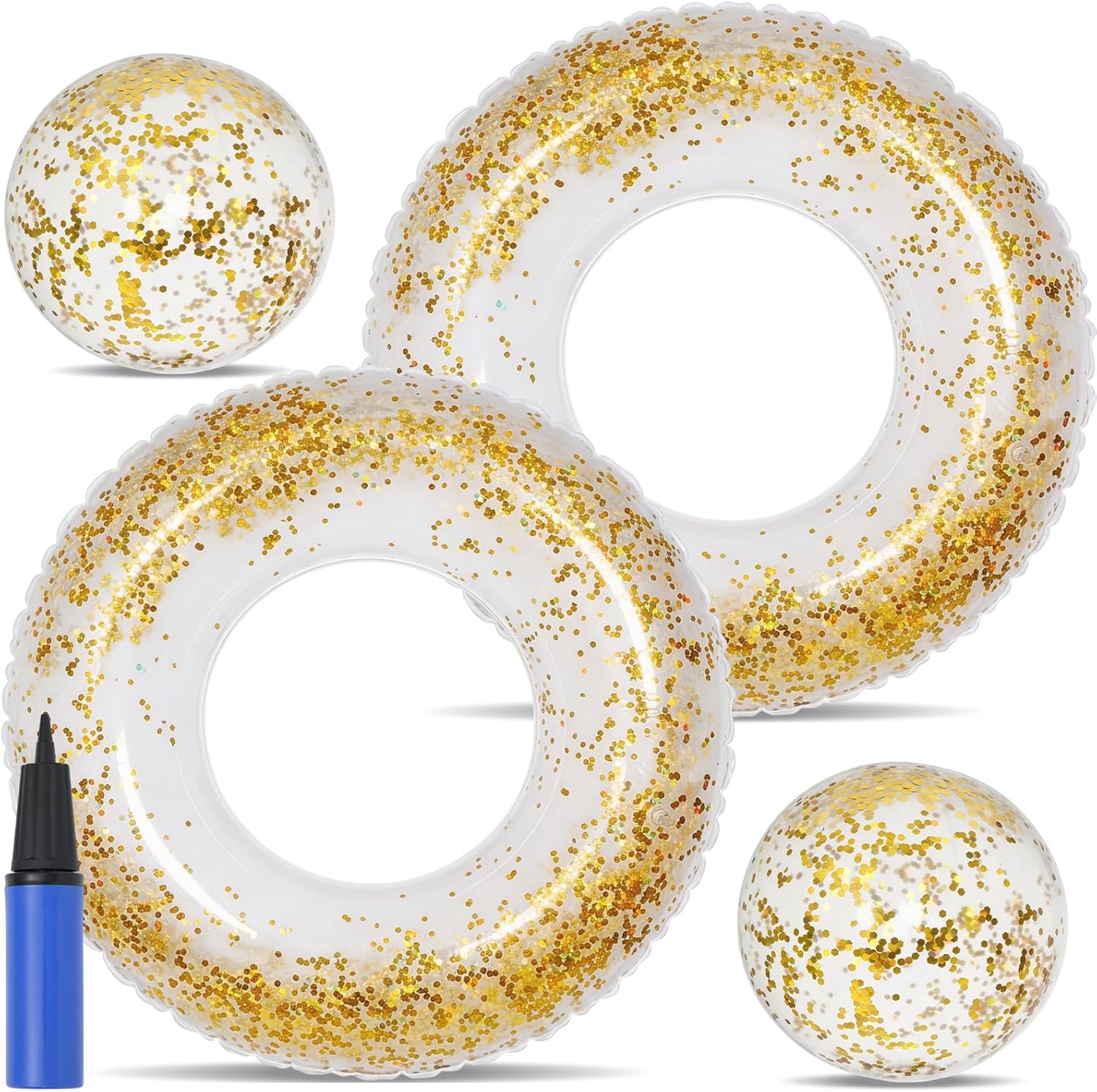 4 Pcs Glitter Pool Floats Inflatable Pool Tube Gold Confetti Swim Rings and Beach Balls with Pump Summer Beach s for Adults Bride Wedding Engagement Pool Party Accessories