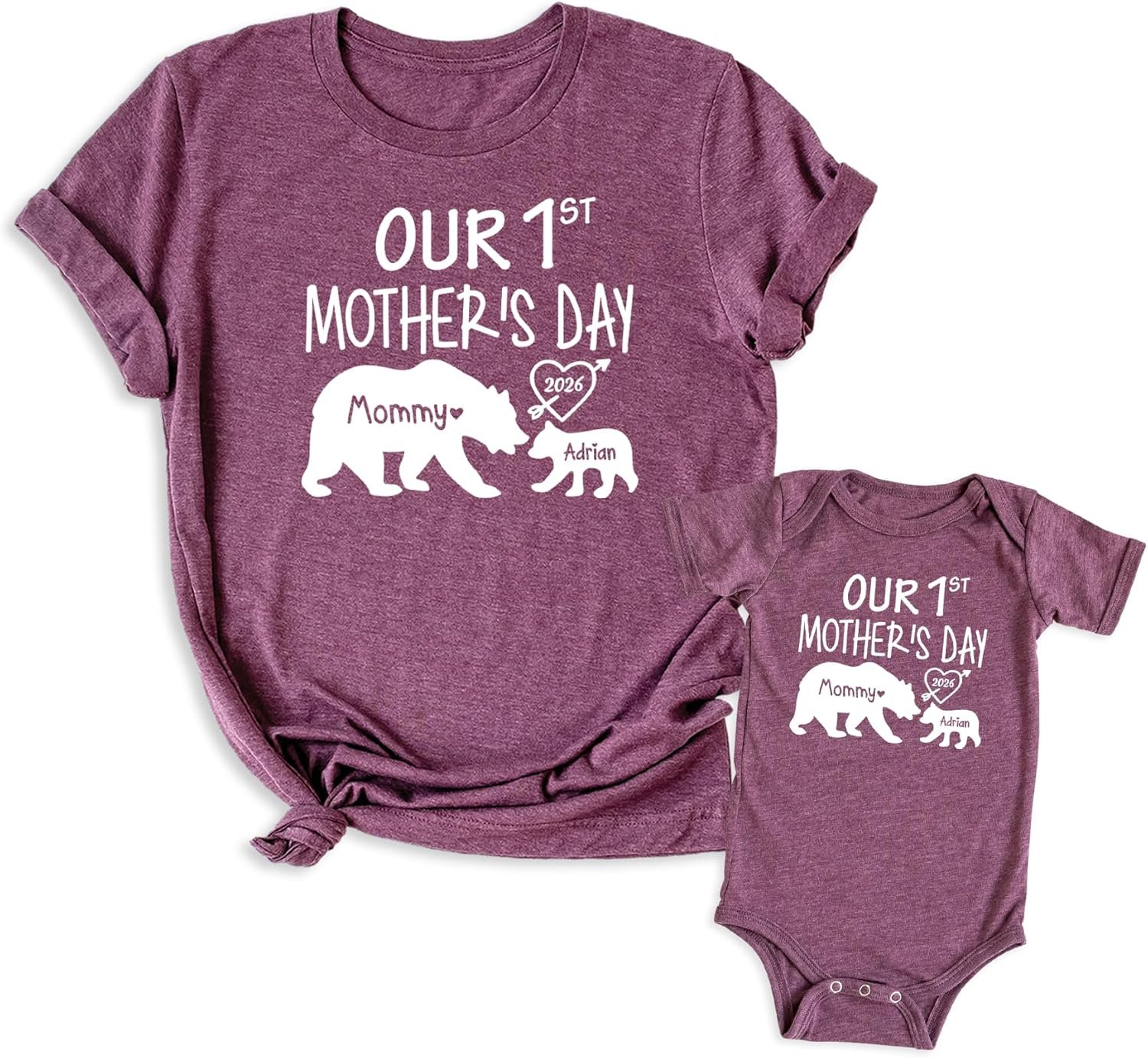 Our 1st Mother’s Day Shirt, Mommy and Me Shirts, Matching First Mother’s Day Outfits, Customizable with Names and Date, Baby Bodysuit and Mom Shirt Set, Mothers Day Gift Idea, Pack of 2