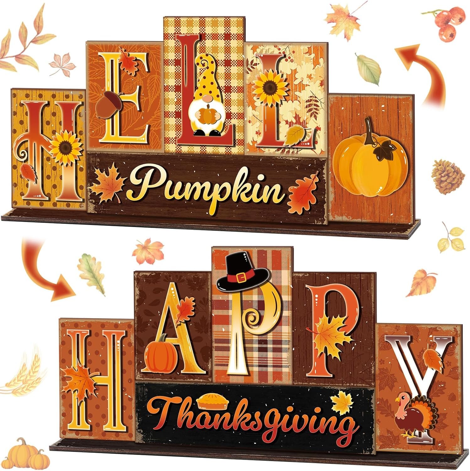 Amyhill Fall Decoration for Home Reversible Thanksgiving Table Decor Fall Tiered Tray Decor Thanks Giving Centerpiece Decorative Turkey Pumpkin Block Sign Gift Farmhouse for Home Kitchen