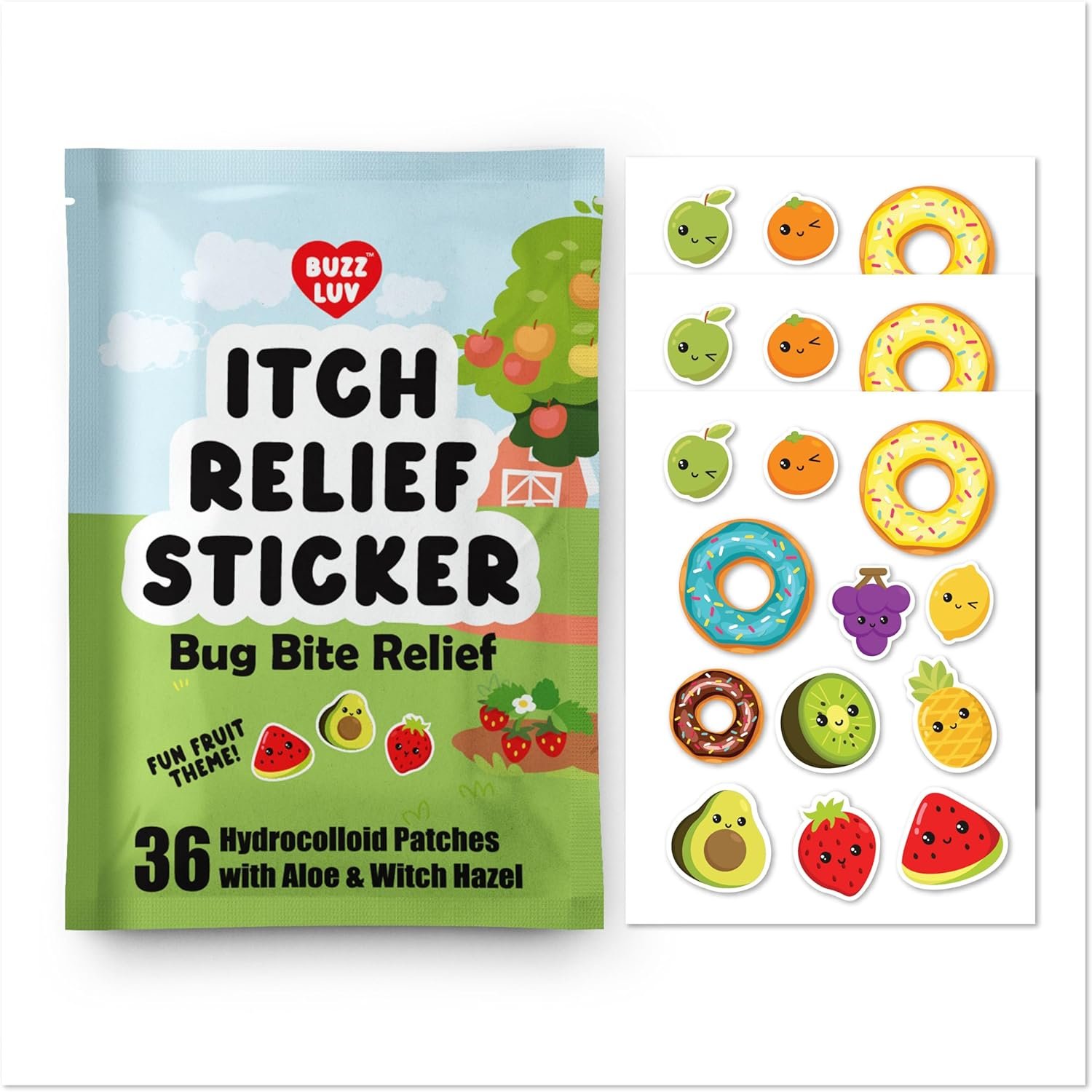 Buzzluv Hydrocolloid Itch Relief Patch, for Mosquitos, Ticks, Midges, Sandflies Bug bite Relief, Anti-Itch Patch with Aloe and Witch Hazel, Insect bite Relief, Kid-Friendly, Natural Fruit Theme