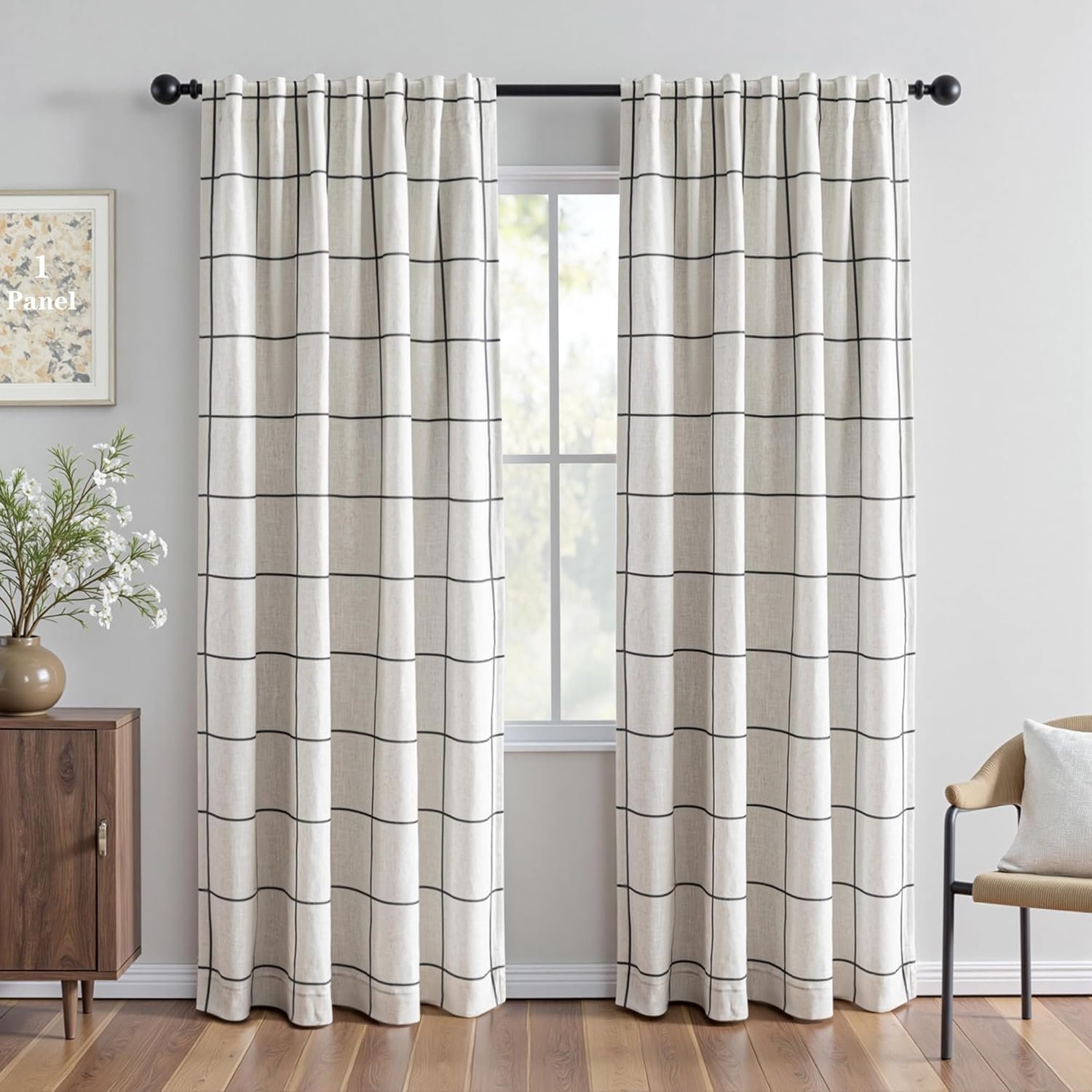 MYSKY HOME 100% Blackout Plaid Farmhouse Linen Curtains 84 Inch Long for Living Room Double Layer Windowpane Drapes Thermal Insulated Privacy Protection Rod Pocket Back Tab, 52″ W, Black, 1 Panel