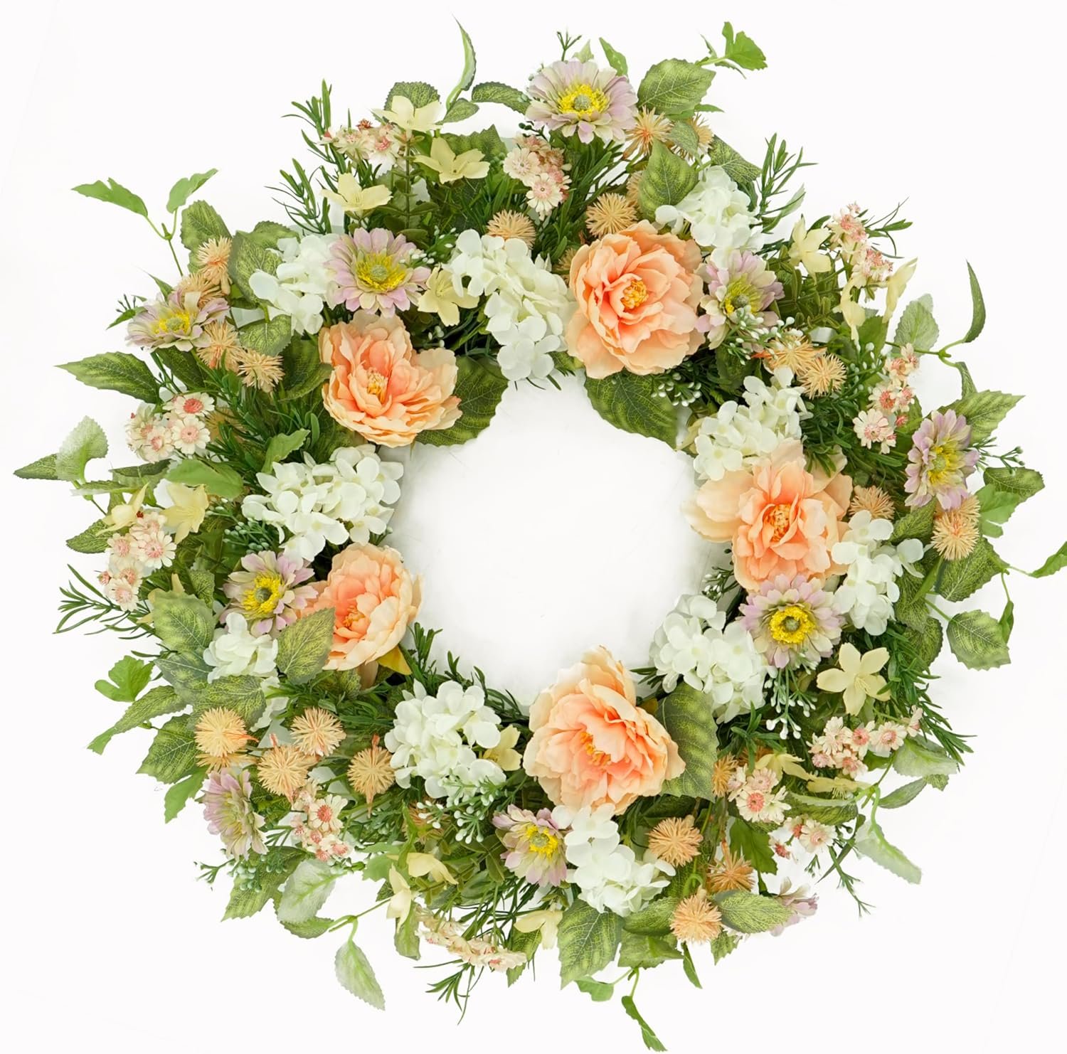 AMF0RESJ Artificial Spring Summer Wreaths for Front Door Daisy Wreath with Daisy,Hydrangea,Peony Flower for Indoor Outdoor Farmhouse Home Porch Wall Window Festival Wedding Decor