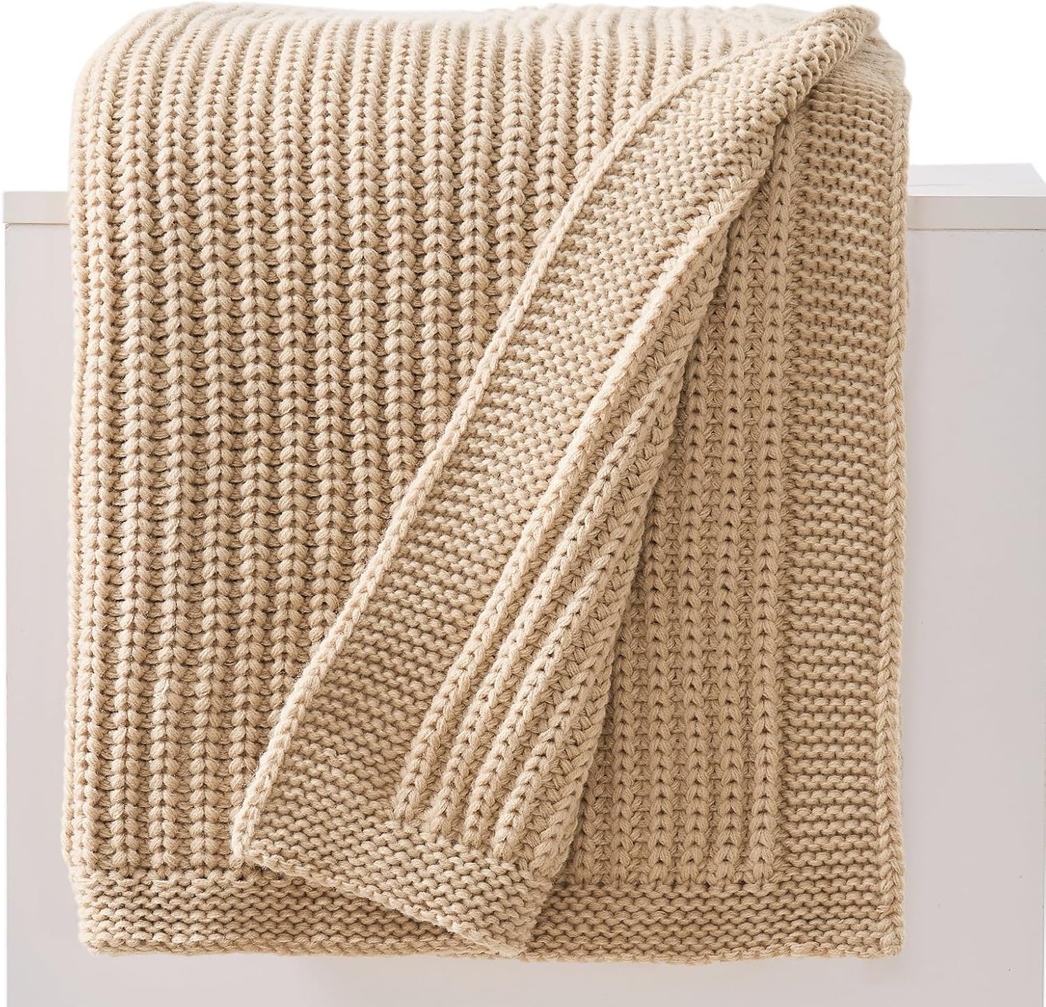 Chunky Knit Beige Throw Blanket for Couch Soft Cozy Thick Cable Knitted Throw for Sofa Bed Cute Decorative Blanket for Living Room,50″x 60″,Ginger Beige