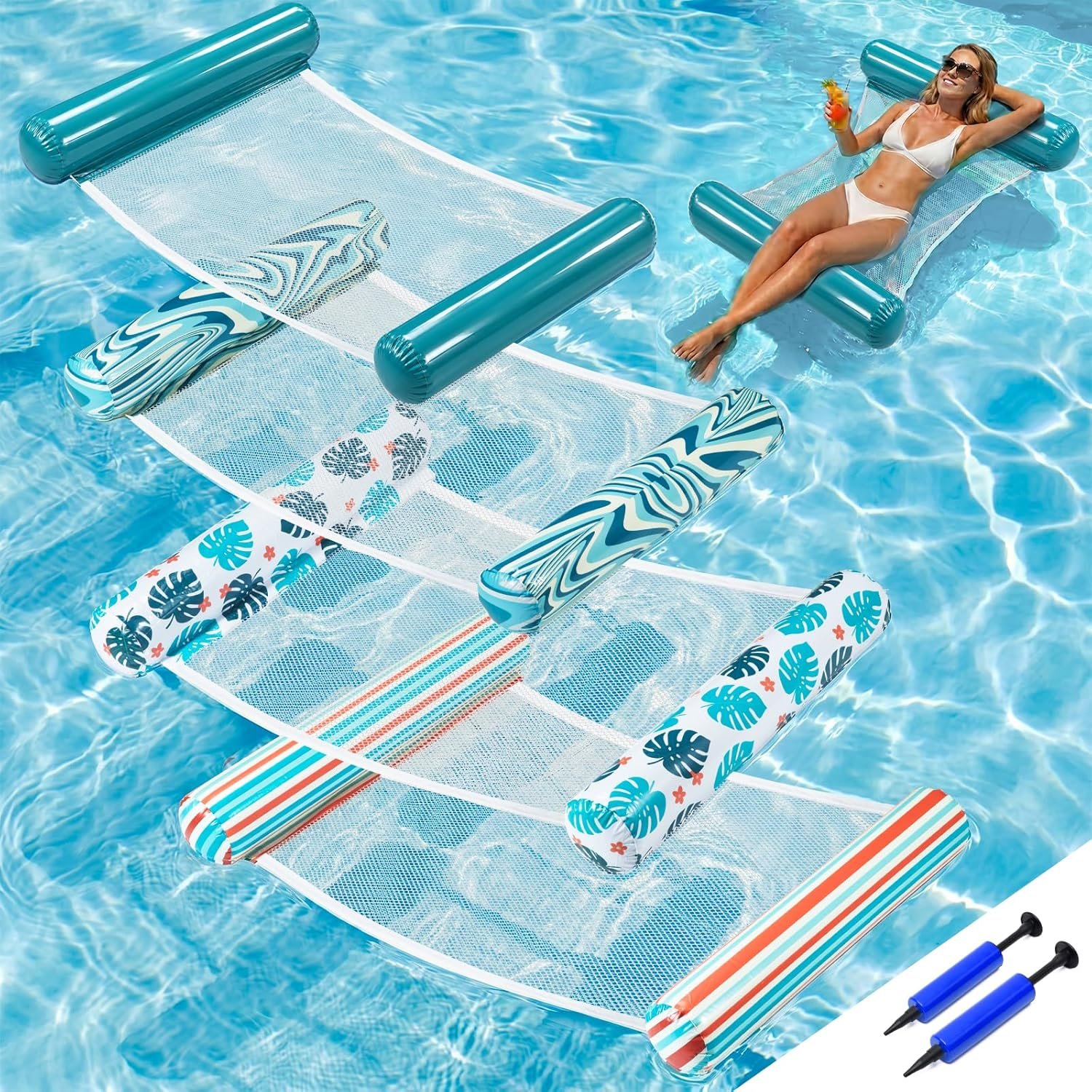 4-Pack Pool Floats for Adults with Air Pump & Phone Pouch, 4-in-1 Multi-Purpose Water Hammock Set, Heavy Duty Inflatable Floating Lounge Chair for Lake, Beach (Retro, Tropical & Teal Styles)