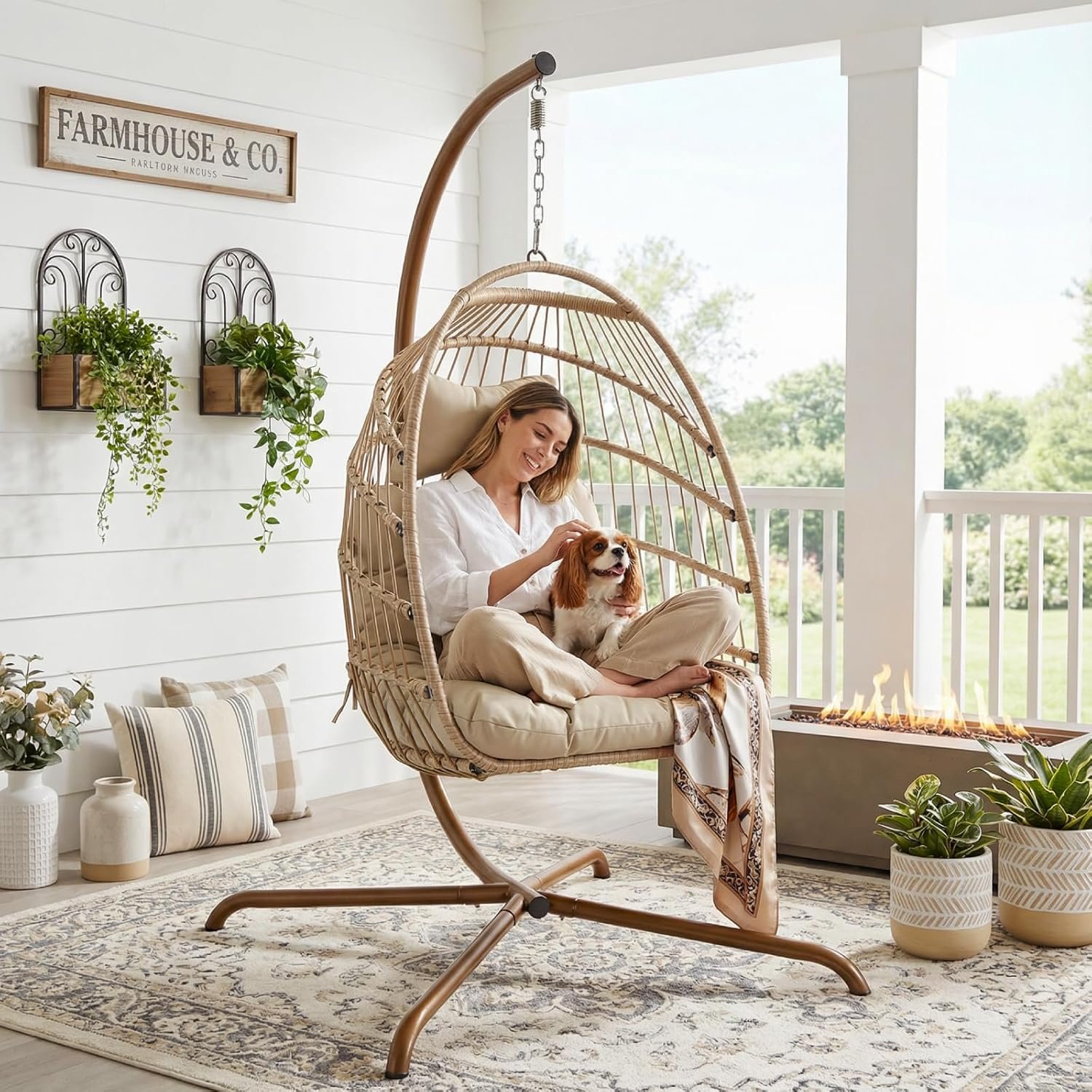 RADIATA Egg Chair Outdoor with Stand, 350 Lbs Heavy Duty Hanging Egg Chair with Padded Cushion, Foldable UV-Resistant Rattan Swing Hammock for Patio Backyard Balcony Pergola Garden Indoor, Beige