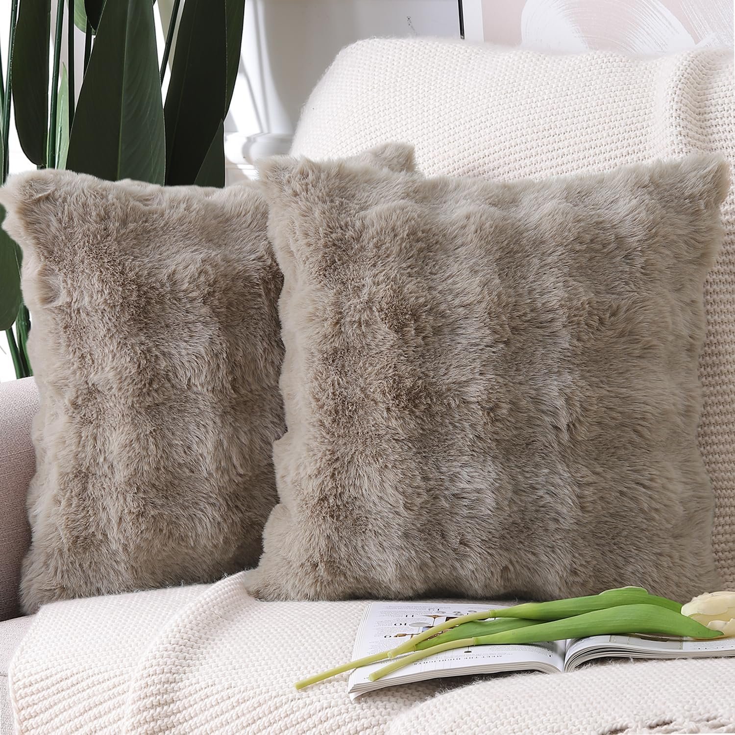 MADIZZ Pack of 2 Thick Plush Faux Wool Throw Pillow Covers Soft Boho Throw Pillows Luxurious Cushion Covers for Couch Sofa Bedroom Living Room Home Decor 20×20 Inch Taupe