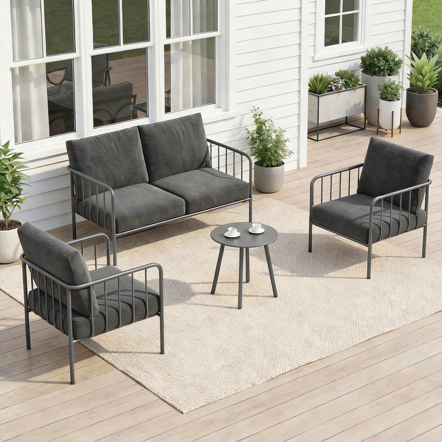 BUPPLEE 4 Piece Patio Porch Furniture Set with 4.7″ Ultra-Thick Cushions, Metal Outdoor Conversation Set with Coffee Table, Loveseat & 2 Chairs for Balcony, Porch, Garden (Dark Grey)