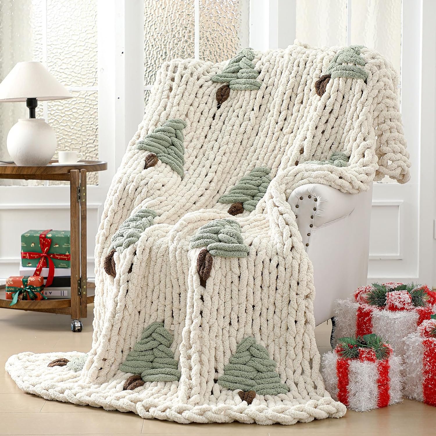 Mindsoft Chunky Knit Throw Blanket Large 50″ X 60″ 100% Handmade Cream Chenille Loop Yarn Fluffy Soft Knitted Throw Big Cozy Thick Cable Knit Crochet Blanket for Couch Sofa Bed(Green,Christmas Tree)
