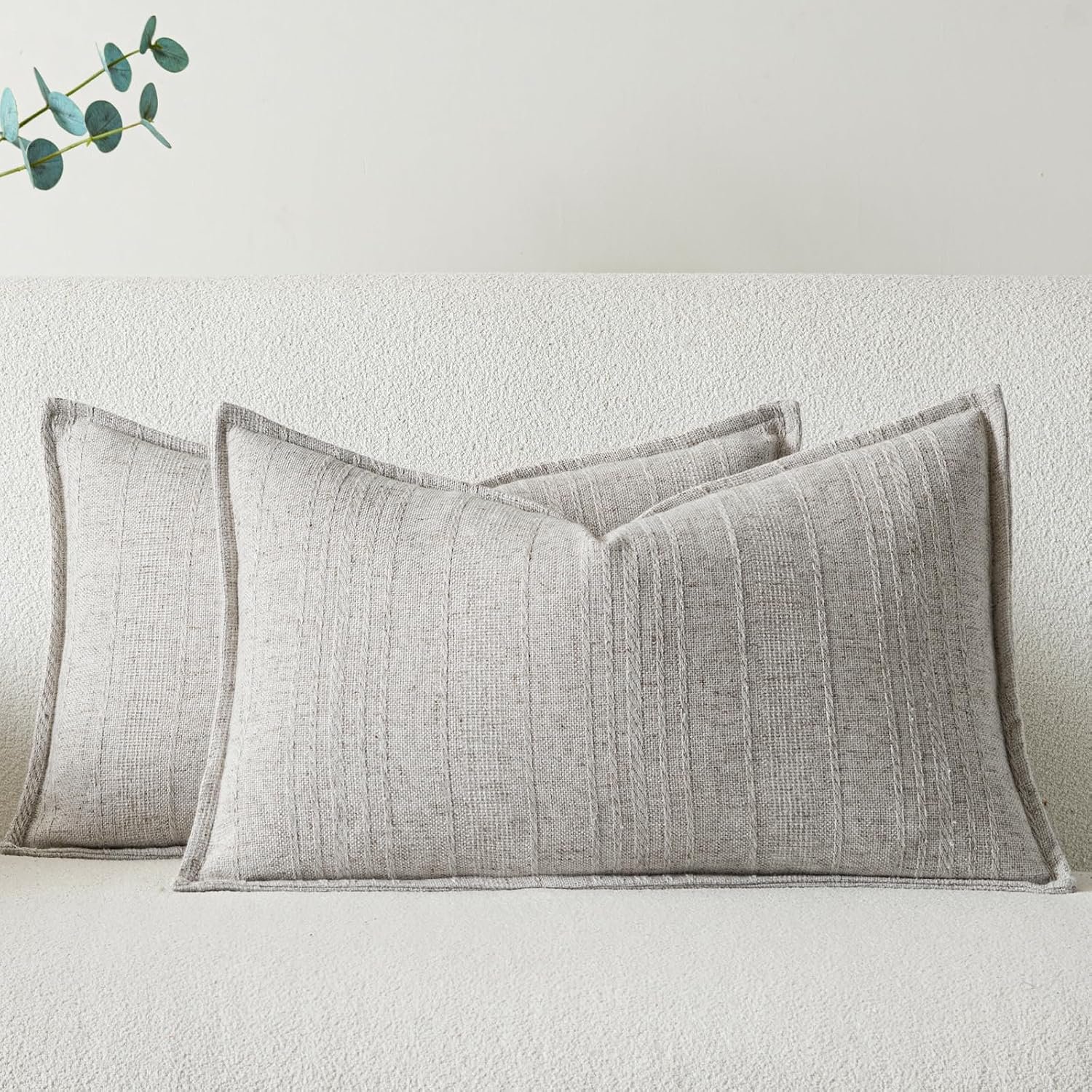 a moment Linen Pillow Covers Set of 2,Boho Farmhouse Throw Pillowcases Neutral Textured Decorative Covers for Couch Sofa Bed, Soft Linen Blend Accent Case Cushion Home Decor 20″x12″Beige Grey
