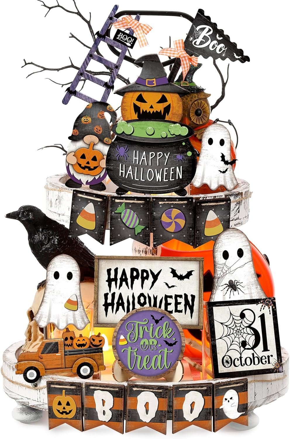 MiniInflat 1 Sets Halloween Tiered Tray Decor Set Happy Halloween Wooden Signs Rustic Table Centerpieces Farmhouse Decor for Home Table, Tray Not Included(Pumpkin,Colorful)