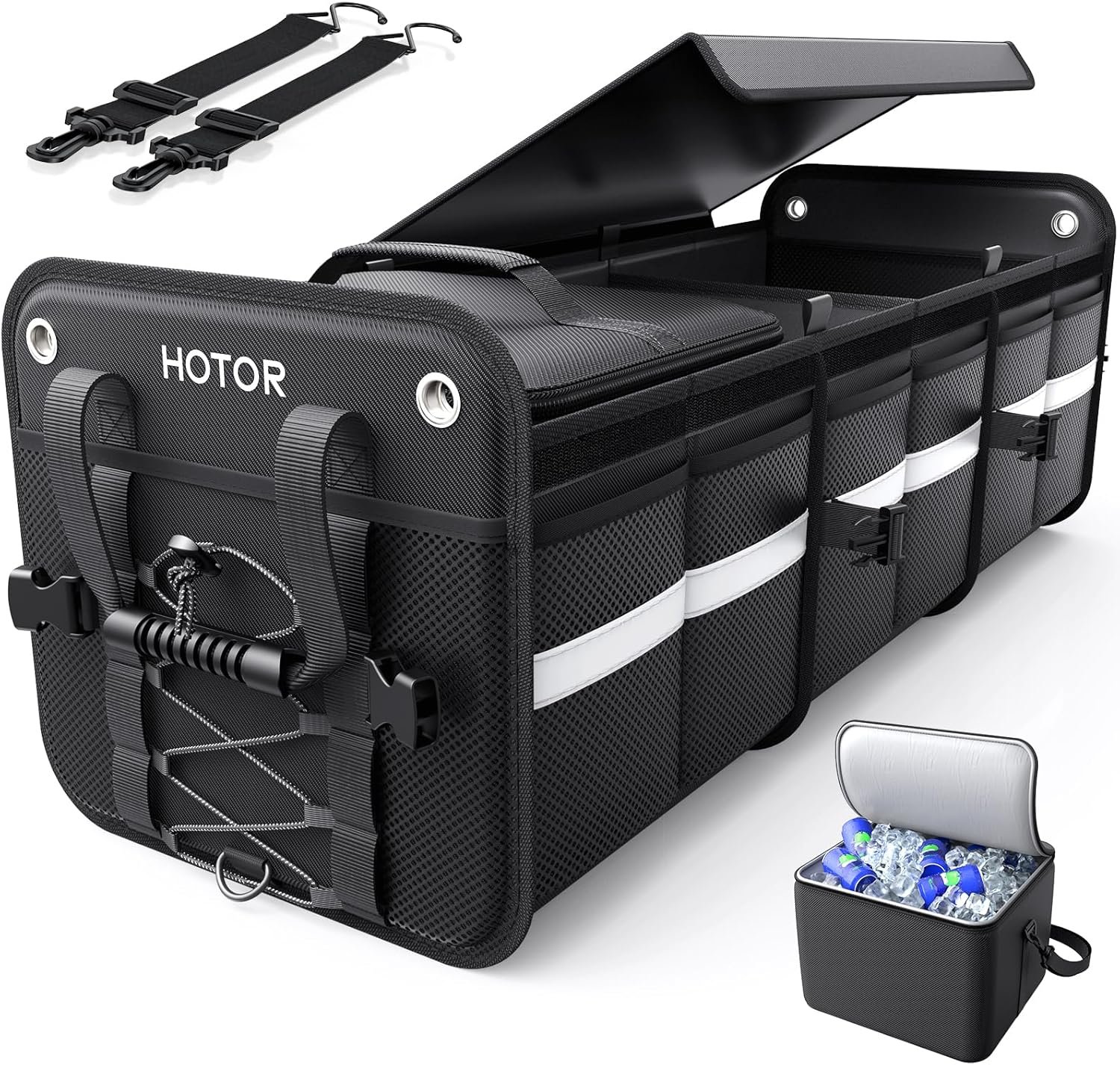 HOTOR Trunk Organizer – 3-Compartment Car Organizer and Storage with Cooler Bag, Foldable Car Storage Organizer for SUV with Handles & Strap for Shopping, Picnic, 33.1″ x 13.0″ x 11.8″, Black