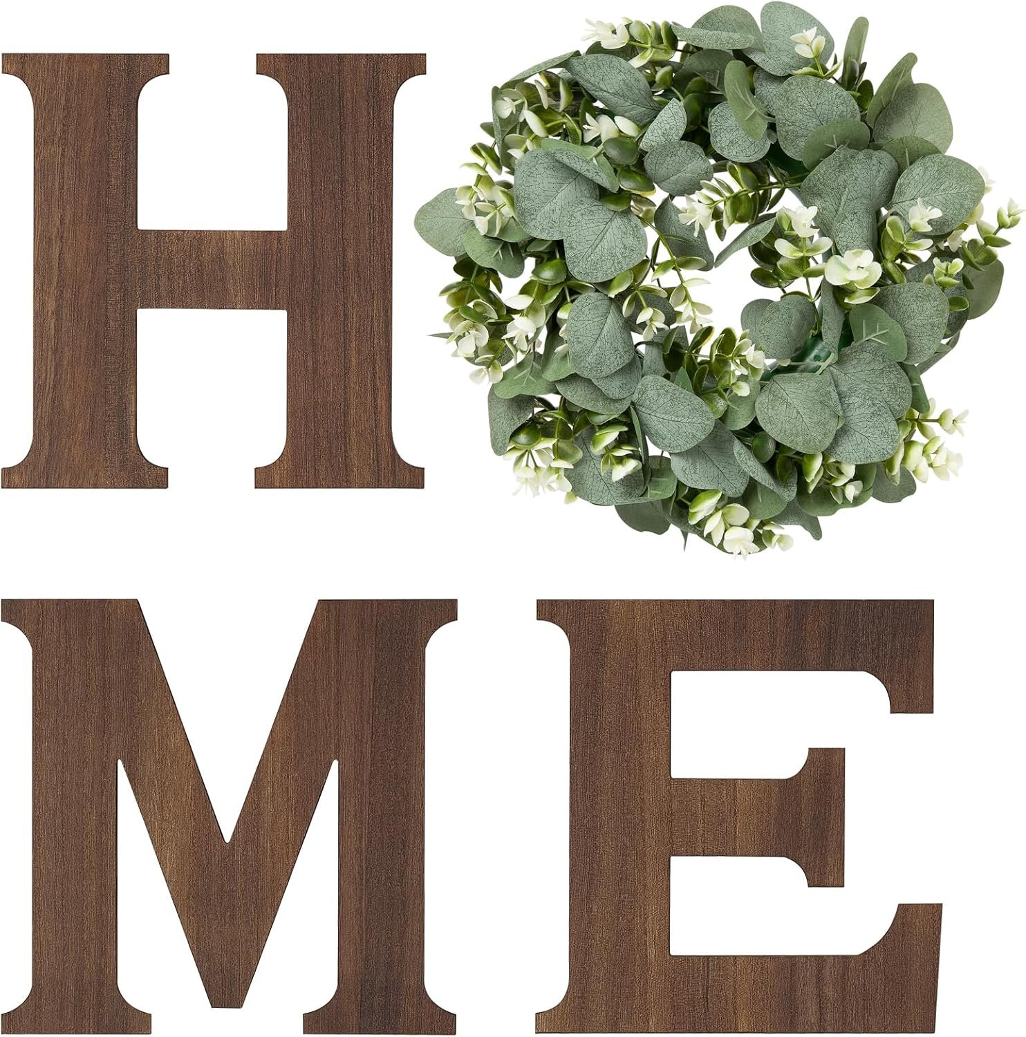 Mkono Farmhouse Wall Home Sign with Artificial Eucalyptus for O Rustic Wooden Hanging Letters Decorative Wall Art Decor for Living Room Kitchen Entryway Housewarming Gift, Brown