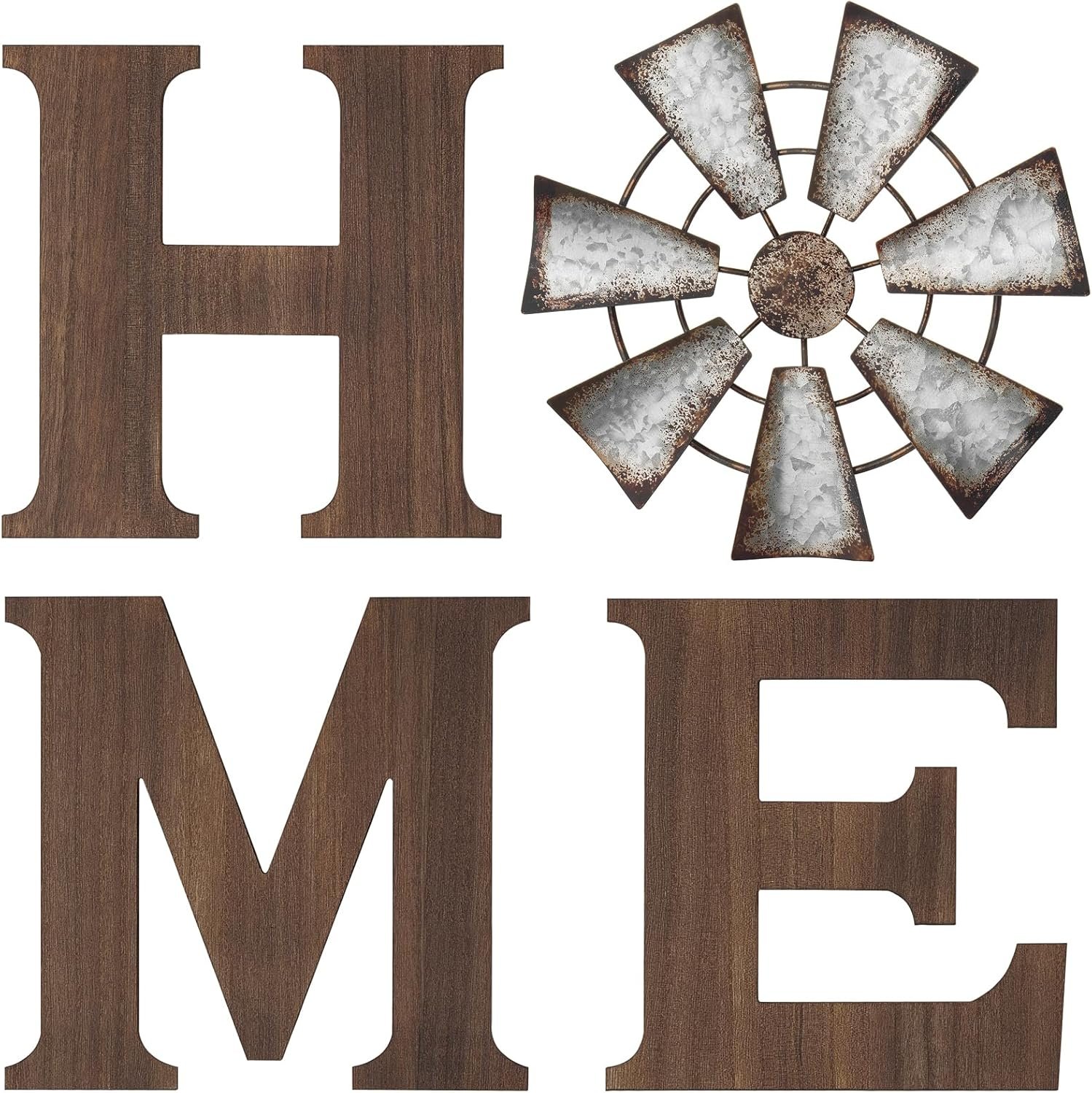 Mkono Farmhouse Wall Decor Wooden Home Sign with Metal Windmill for O Rustic Hanging Letters Decorative Art Signs Living Room Kitchen Bedroom Entryway House, Brown